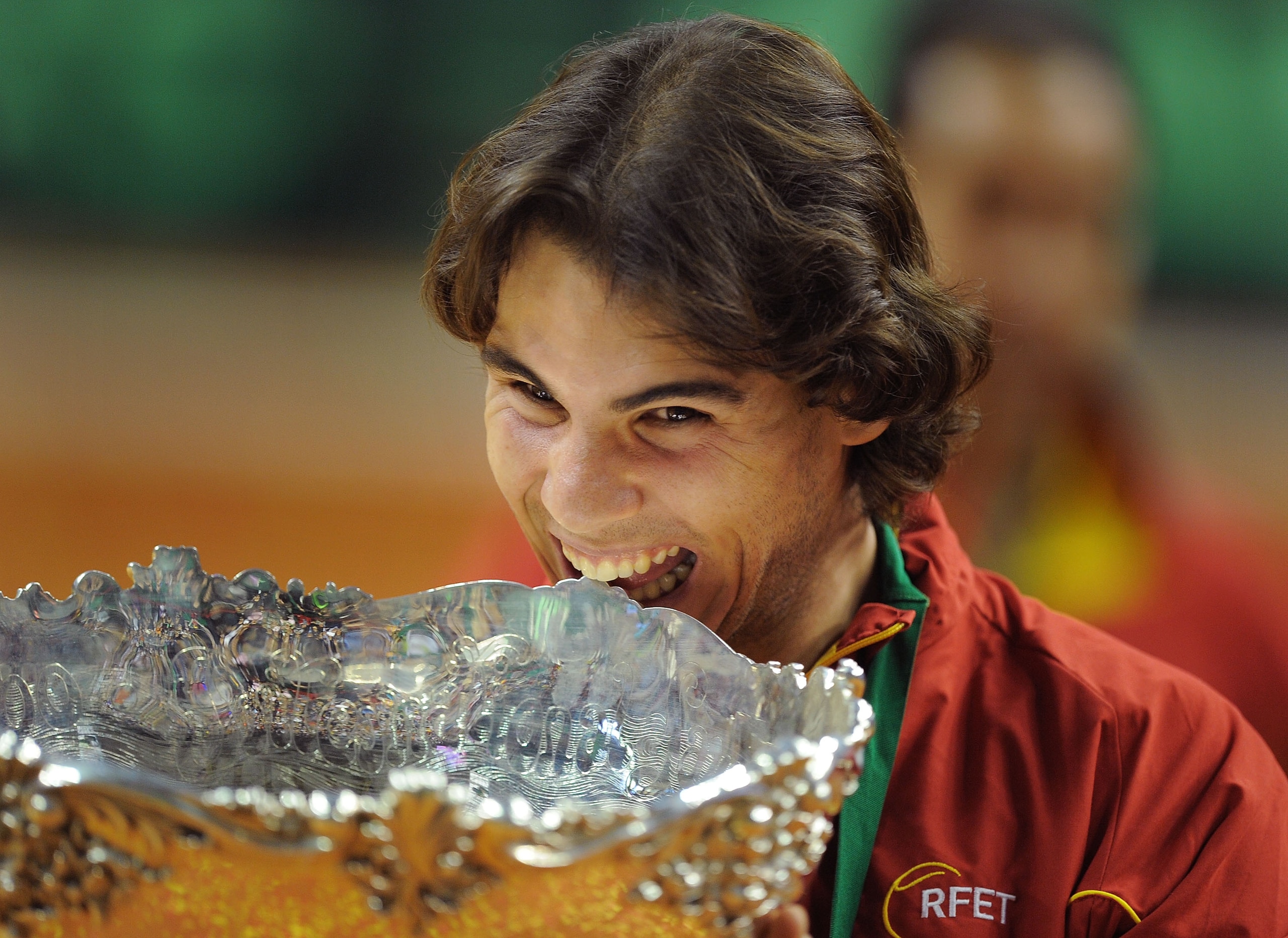 BARCELONA, SPAIN - DECEMBER 06:  Rafael Nadal of Spain celebrates with the Davis Cup trophy at the end of the final match between Spain and Czech Republic at the Palau Sant Jordi stadium on December 6, 2009 in Barcelona, Spain.  (Photo by Denis Doyle/Gett