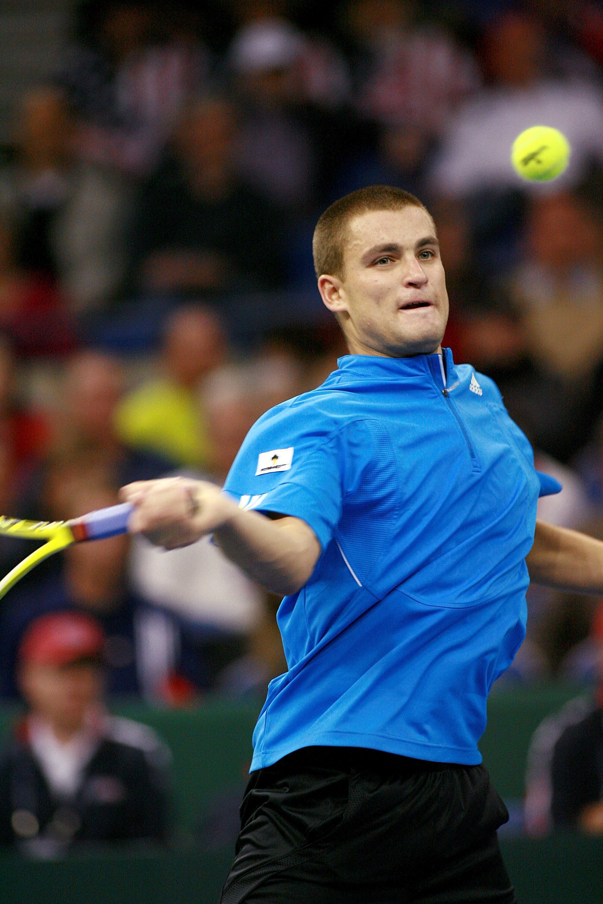 PORTLAND, OR - NOVEMBER 30:  Mikhail Youzhny of Russia forehands the ball against James Blake of the U.S. during the Davis Cup Final at the Memorial Coliseum November 30, 2007 in Portland, Oregon. (Photo by Craig Mitchelldyer/Getty Images)