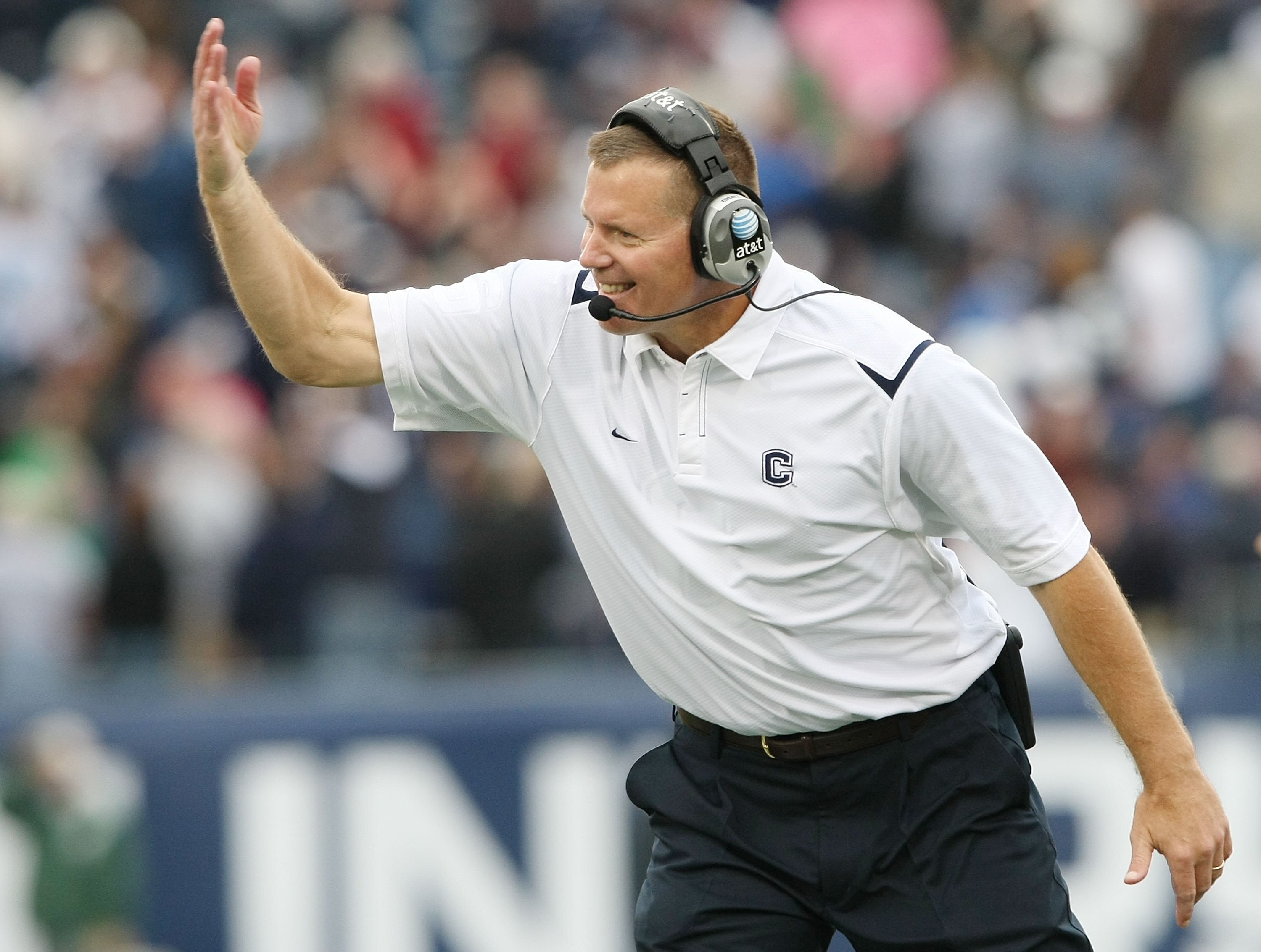 EAST HARTFORD, CT - OCTOBER 31:  Head coach Randy Edsall of the Connecticut Huskies encourages his players in the fourth quarter against the Rutgers Scarlet Knights on October 31, 2009 at Rentschler Field in East Hartford, Connecticut.  (Photo by Elsa/Get
