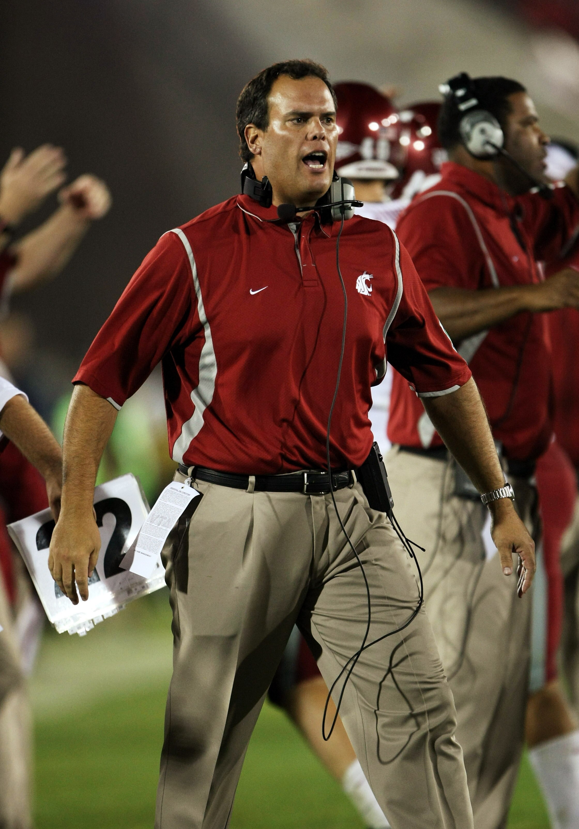 LOS ANGELES - SEPTEMBER 23: Head coach Paul Wulff of the Washington State Cougars shouts during the game with the USC Trojans on September 23, 2009 at the Los Angeles Coliseum in Los Angeles, California.  USC won 27-6.   (Photo by Stephen Dunn/Getty Image