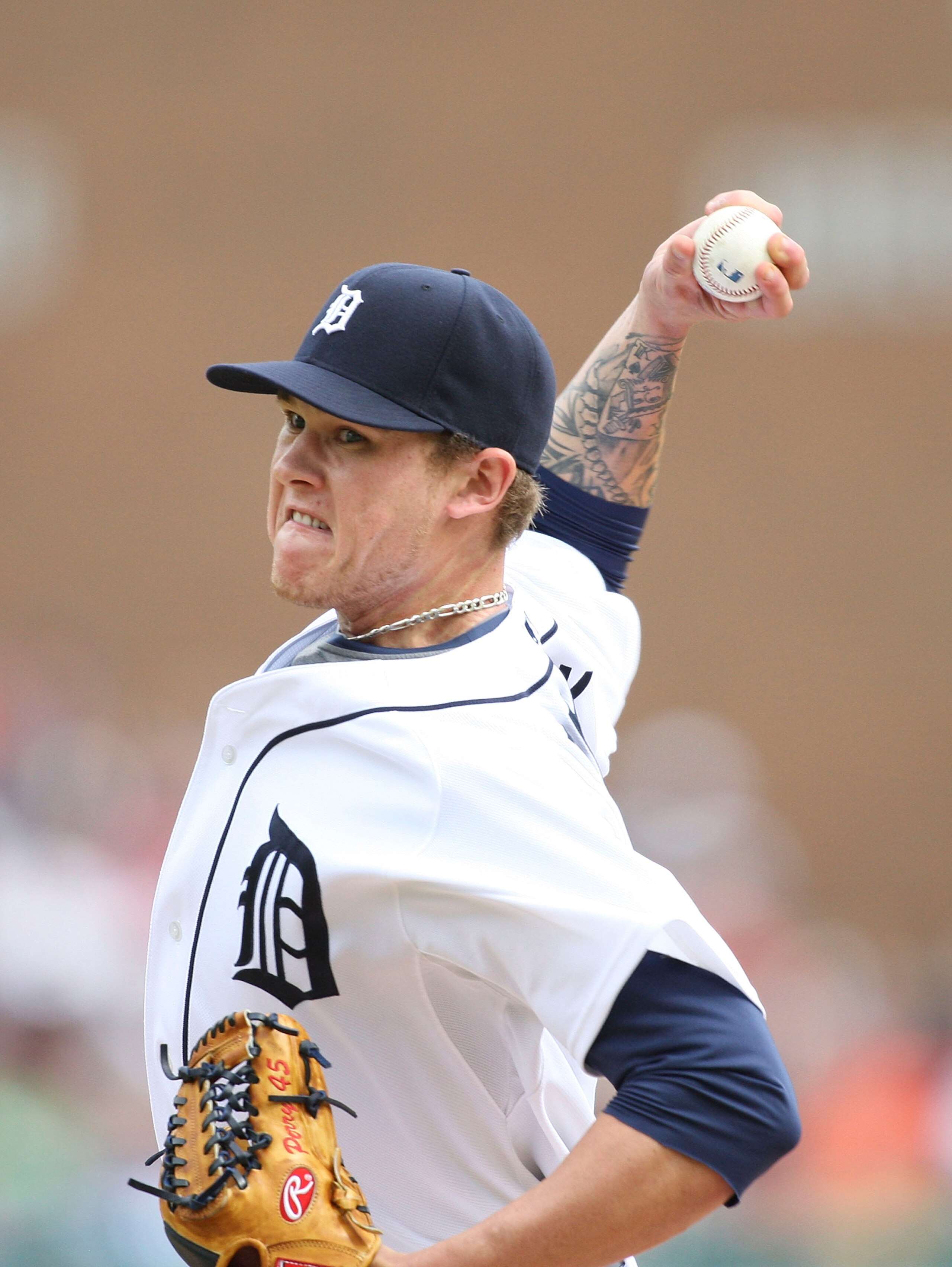 DETROIT - MAY 01:  Ryan Perry #45 of the Detroit Tigers pitches in the ninth inning and gets his first win of the year against the Los Angeles Angels of Anaheim during the game on May 1, 2010 at Comerica Park in Detroit, Michigan. The Tigers defeated the 