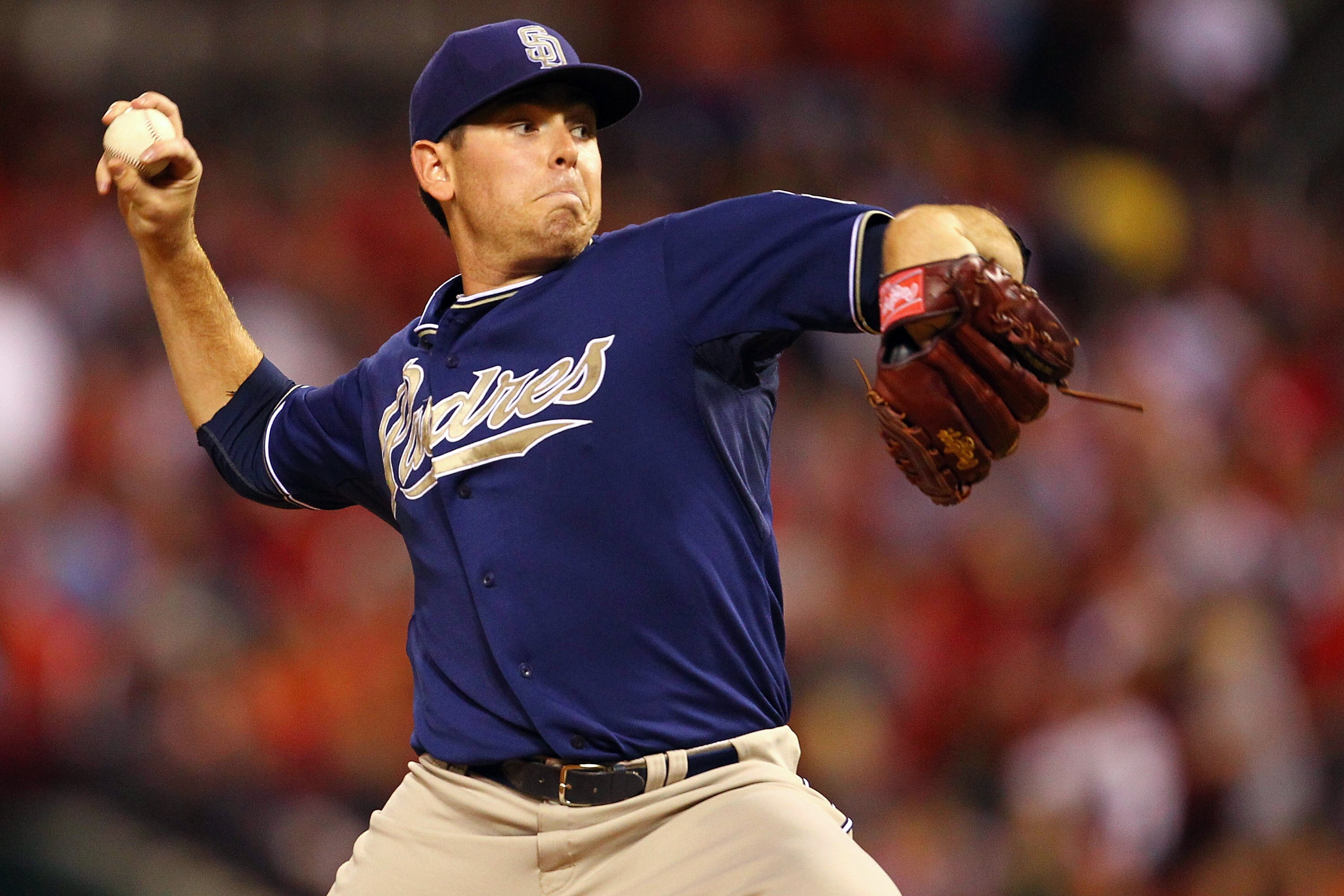 ST. LOUIS - SEPTEMBER 16: Starter Tim Stauffer #46 of the San Diego Padres pitches against the St. Louis Cardinals at Busch Stadium on September 16, 2010 in St. Louis, Missouri.  (Photo by Dilip Vishwanat/Getty Images)