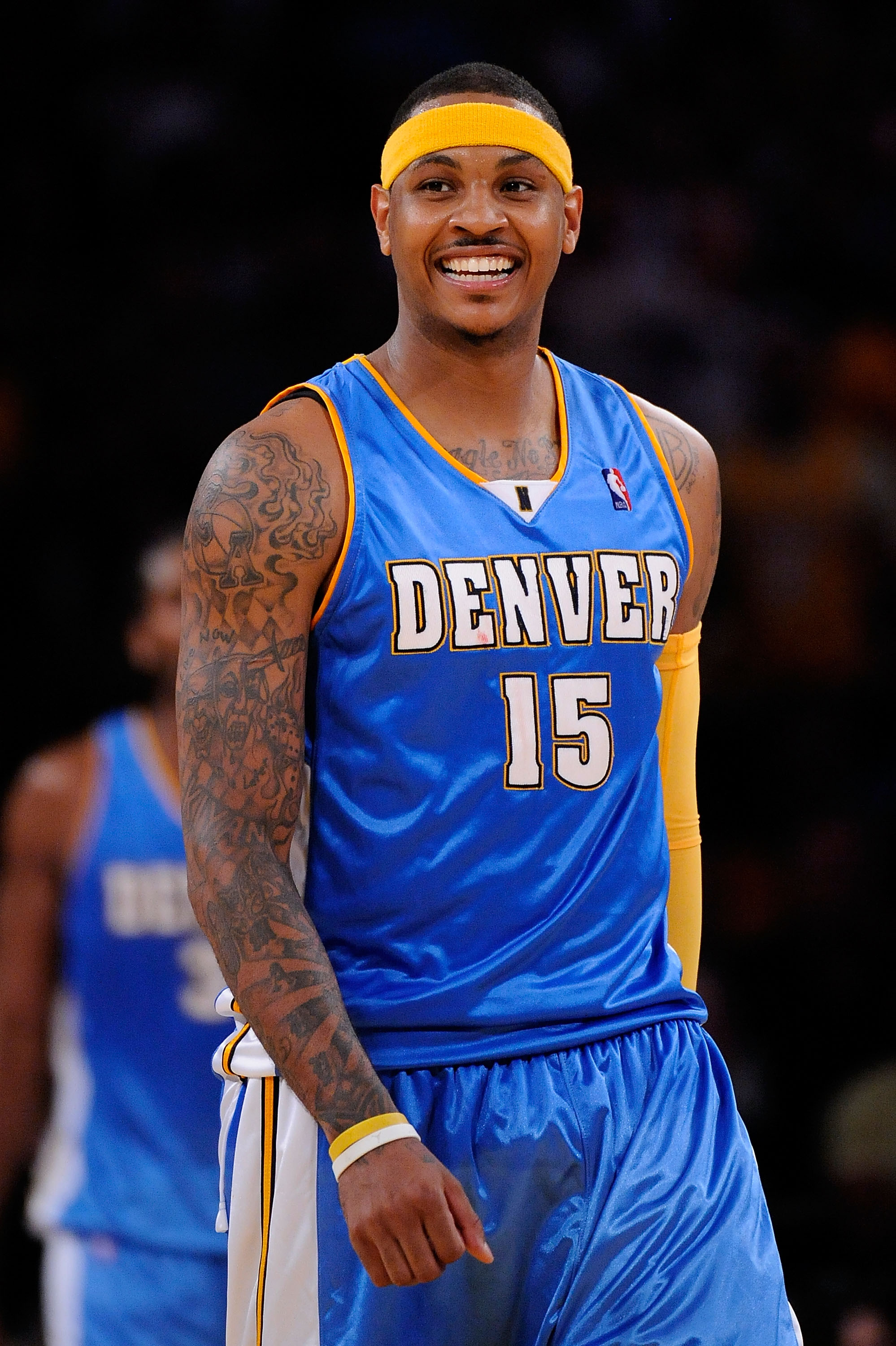 LOS ANGELES, CA - MAY 21:  Carmelo Anthony #15 of the Denver Nuggets smiles in the fourth quarter while taking on the Los Angeles Lakers in Game Two of the Western Conference Finals during the 2009 NBA Playoffs at Staples Center on May 21, 2009 in Los Ang