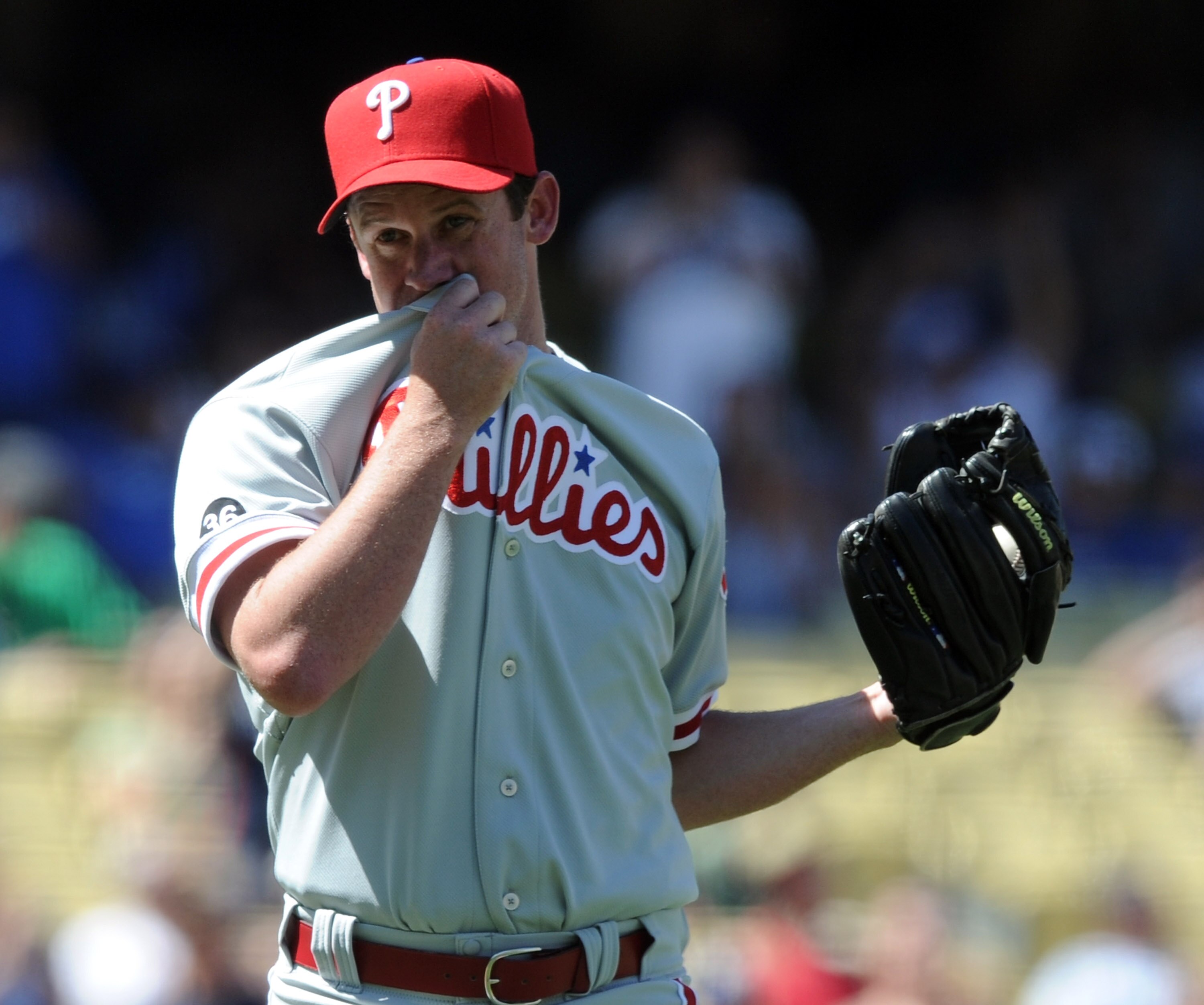 LOS ANGELES, CA - SEPTEMBER 01:  Roy Oswalt #44 of the Philadelphia Phillies reacts to a single from Casey Blake #23 of the Los Angeles Dodgers to end his attempt at a no hitter during the sixth inning at Dodger Stadium on September 1, 2010 in Los Angeles