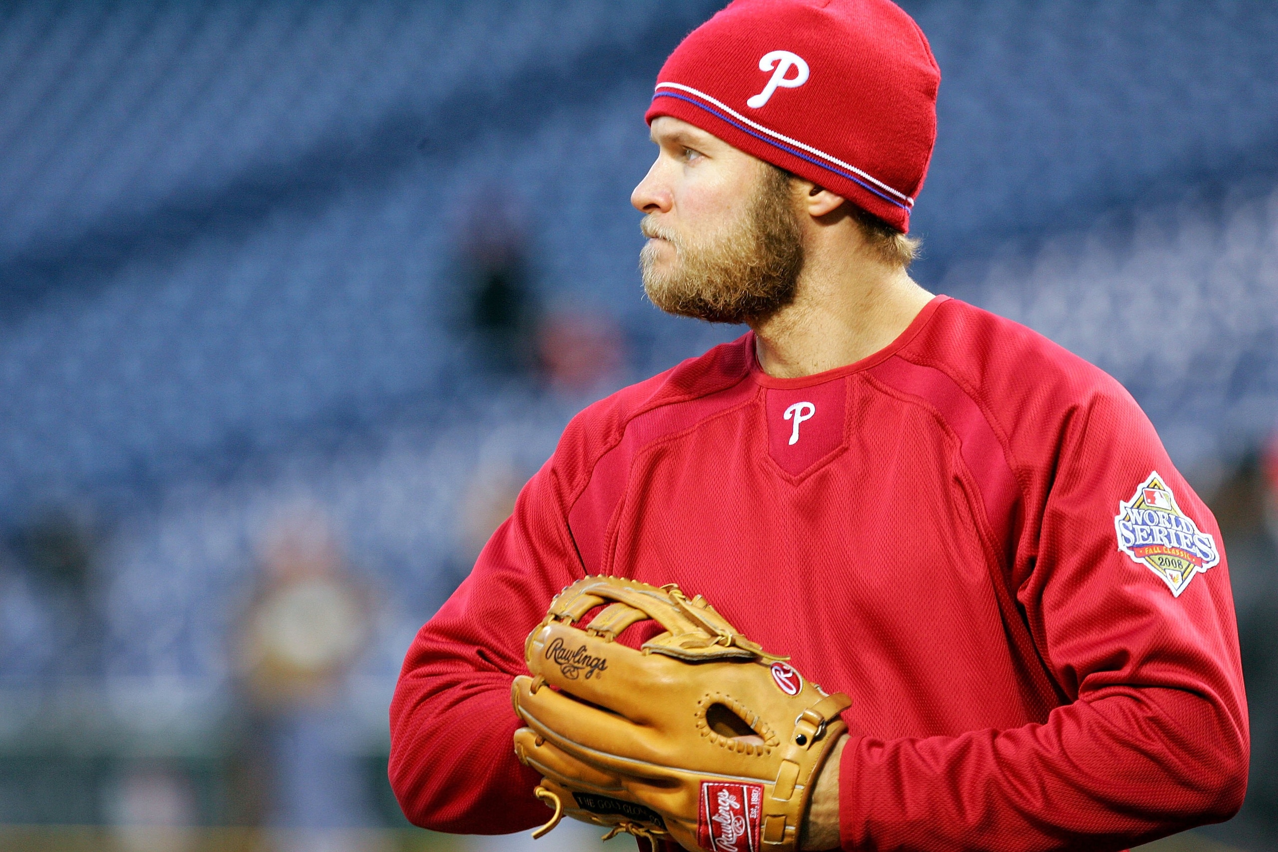 PHILADELPHIA - OCTOBER 29:  Eric Bruntlett #4 of the Philadelphia Phillies looks on during batting practice against the Tampa Bay Rays during the continuation of game five of the 2008 MLB World Series on October 29, 2008 at Citizens Bank Park in Philadelp