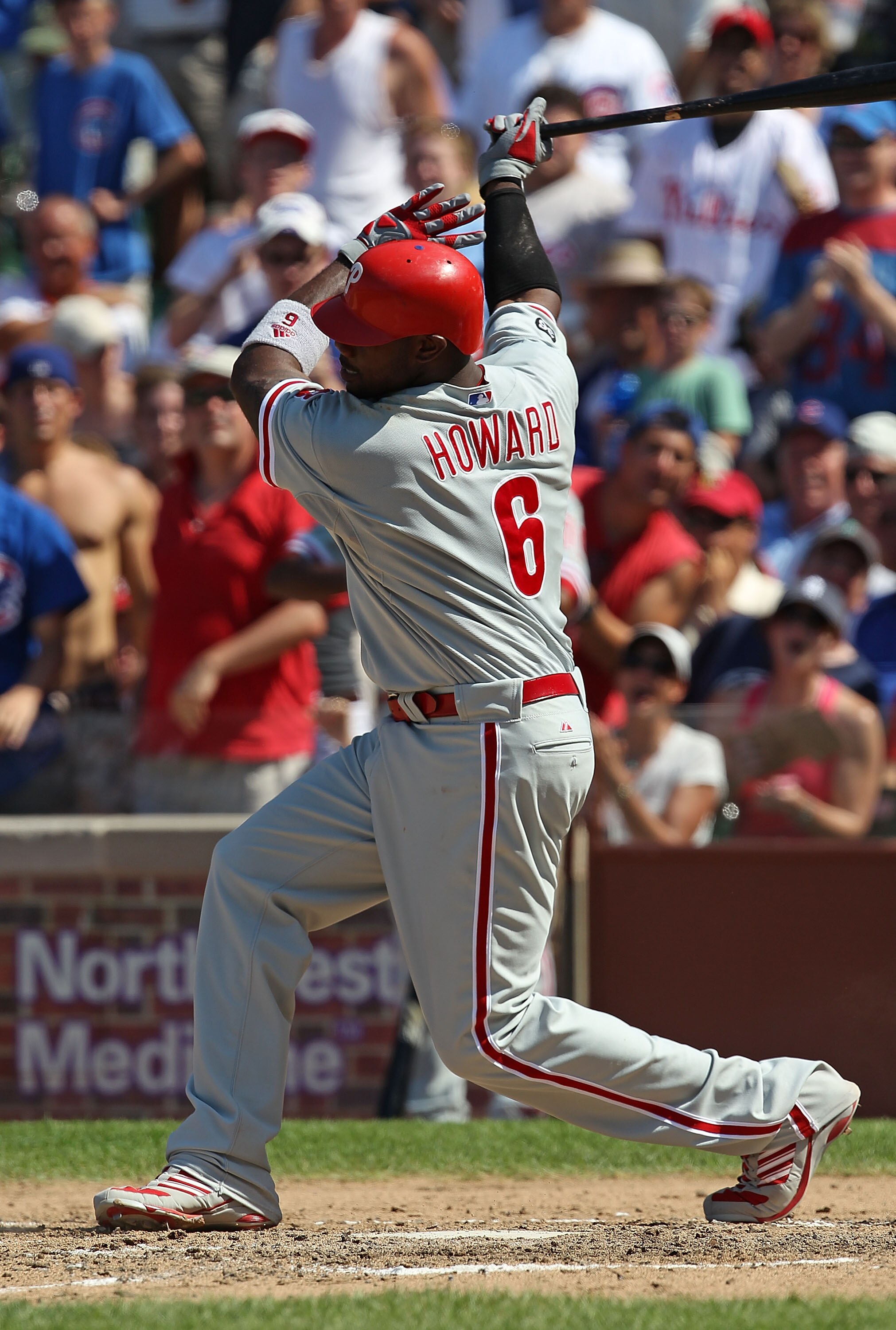 CHICAGO - JULY 16: Ryan Howard #6 of the Philadelphia Phillies takes a swing against the Chicago Cubs at Wrigley Field on July 16, 2010 in Chicago, Illinois. The Cubs defeated the Phillies 4-3. (Photo by Jonathan Daniel/Getty Images)