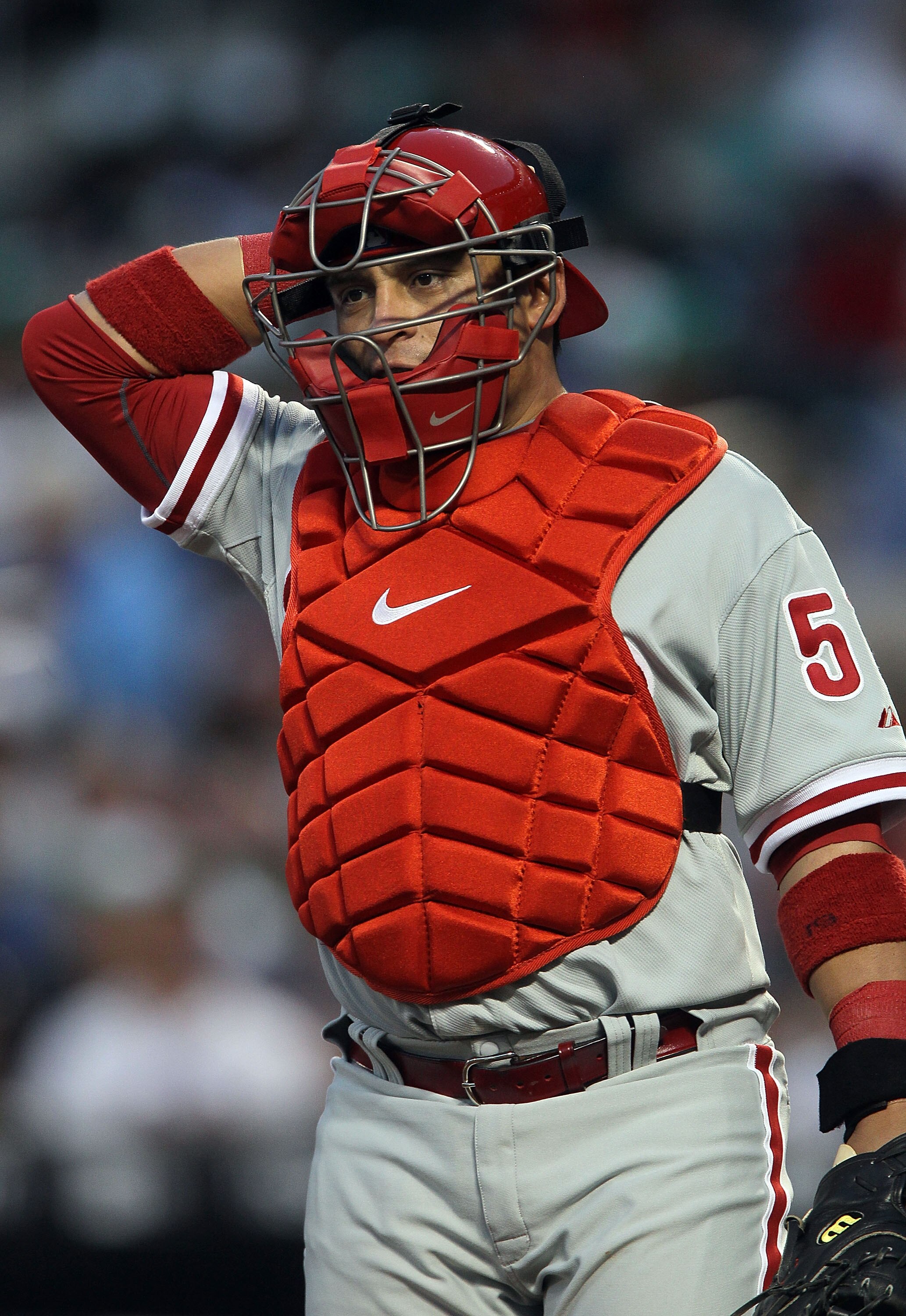 NEW YORK - AUGUST 14:  Carlos Ruiz #51 of the Philadelphia Phillies looks on against the New York Mets on August 14, 2010 at Citi Field in the Flushing neighborhood of the Queens borough of New York City.  (Photo by Jim McIsaac/Getty Images)