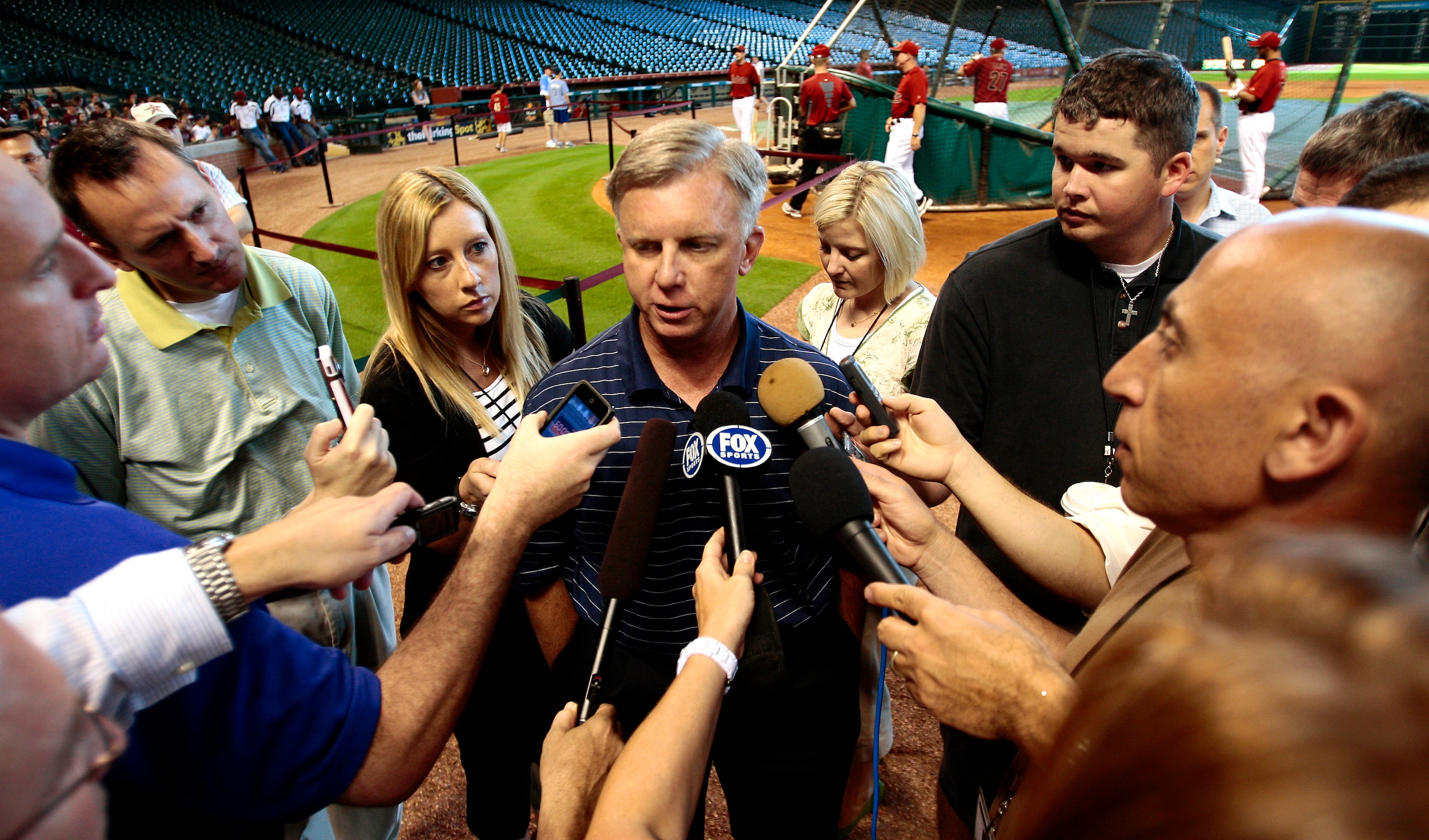 HOUSTON - MAY 21:  Ed Wade, general manager of the Houston Astros, confirms with the media that pitcher Roy Oswalt has asked to be traded as he fields questions before the game against the Tampa Bay Rays at Minute Maid Park on May 21, 2010 in Houston, Tex