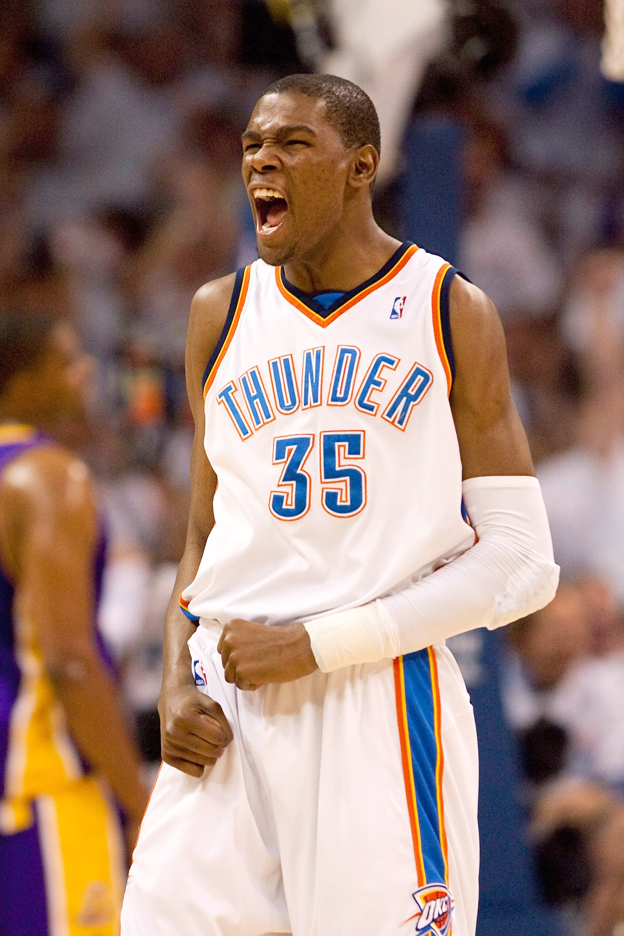 OKLAHOMA CITY - APRIL 24: Kevin Durant #35 of the Oklahoma City Thunder celebrates a foul called against the Los Angeles Lakers during Game Four of the Western Conference Quarterfinals of the 2010 NBA Playoffs on April 24, 2010 at the Ford Center in Oklah