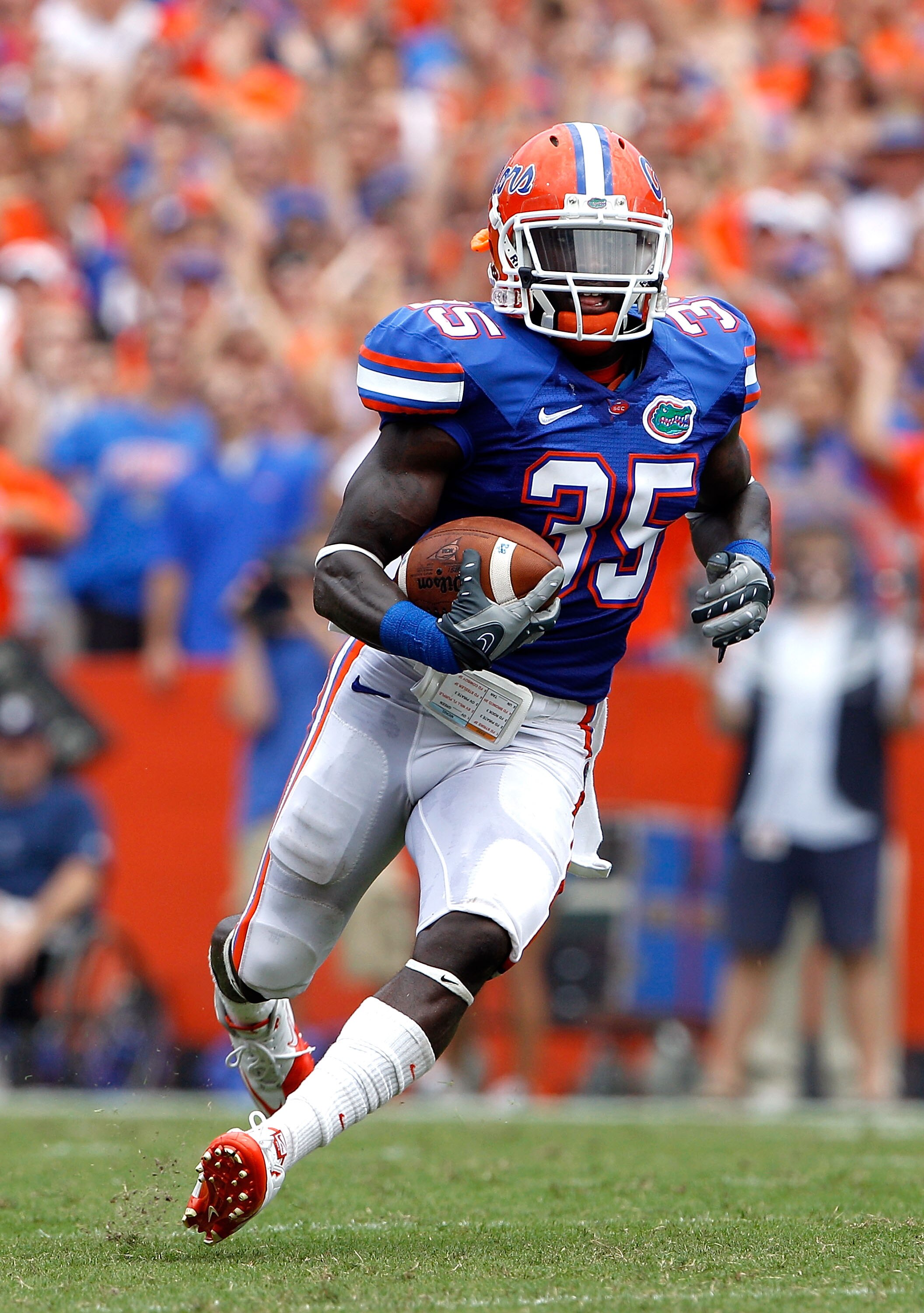 GAINESVILLE, FL - SEPTEMBER 04:  Safety Ahmad Black #35 of the Florida Gators runs after making an interception against the Miami University RedHawks at Ben Hill Griffin Stadium on September 4, 2010 in Gainesville, Florida.  (Photo by Sam Greenwood/Getty