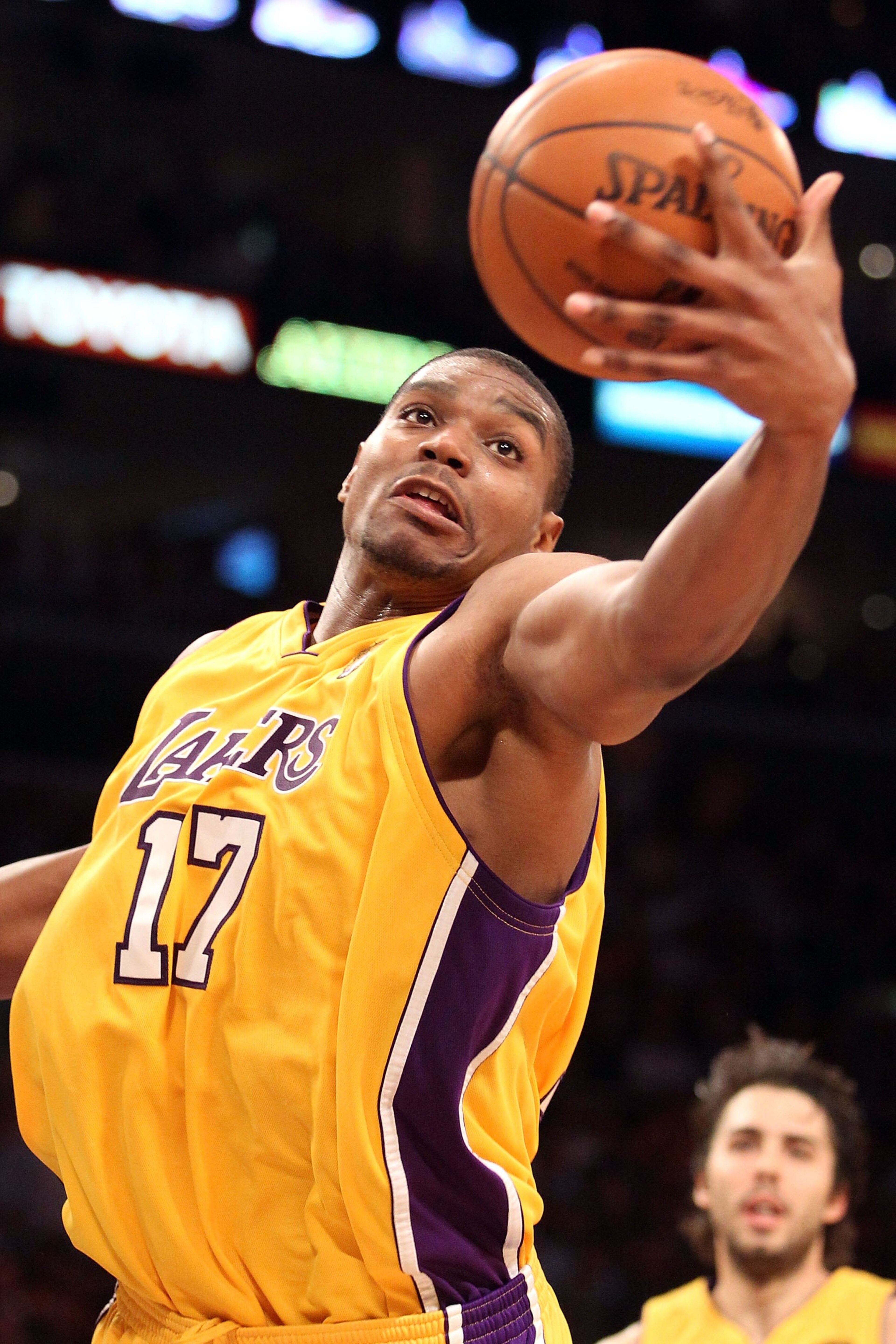 LOS ANGELES, CA - JUNE 17:  Andrew Bynum #17 of the Los Angeles Lakers rebounds the ball in Game Seven of the 2010 NBA Finals against the Boston Celtics at Staples Center on June 17, 2010 in Los Angeles, California.  NOTE TO USER: User expressly acknowled