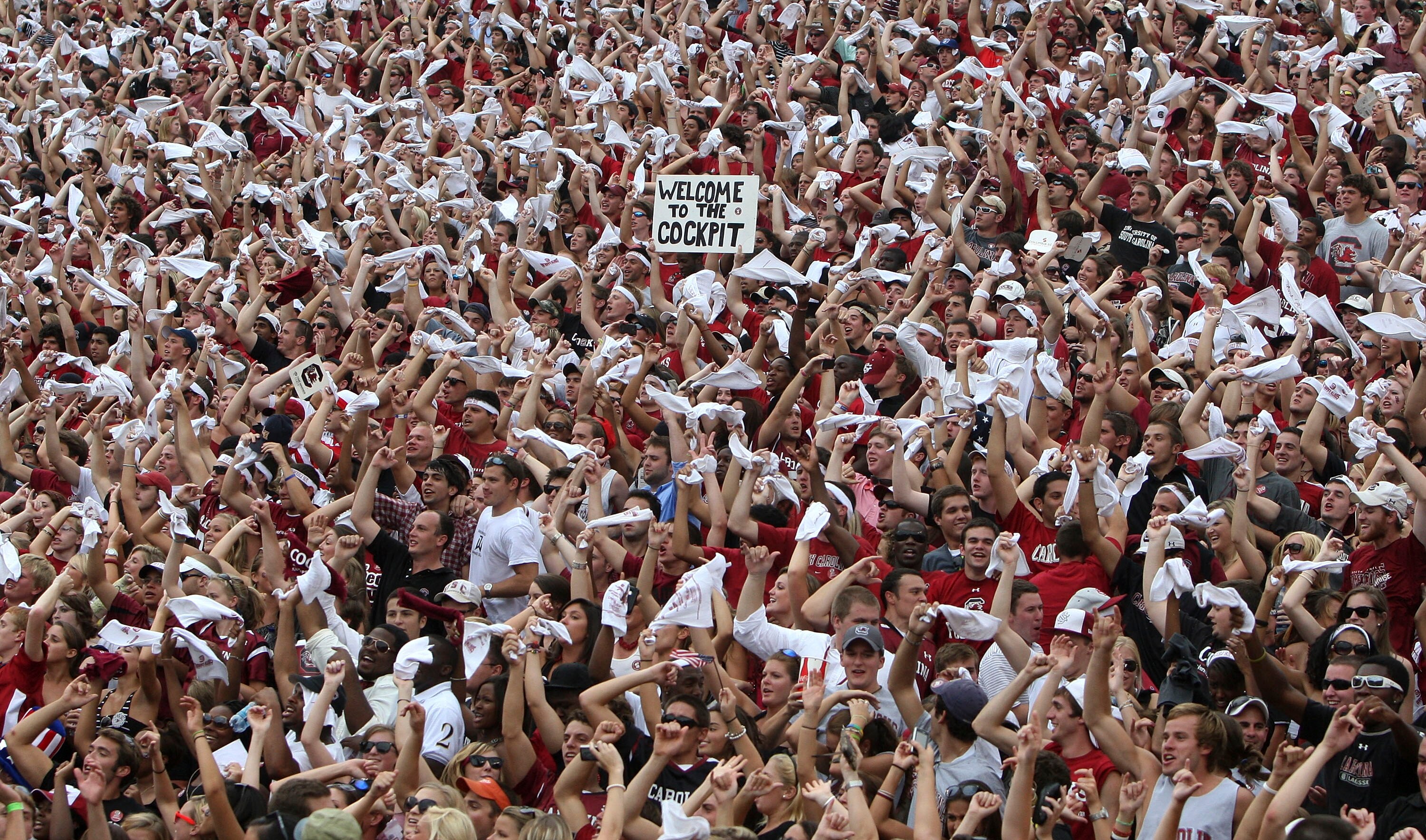 COLUMBIA - SEPTEMBER 11:  South Carolina Gamecocks fans cheer during the game against the Georgia Bulldogs at Williams-Brice Stadium on September 11, 2010 in Columbia, South Carolina.  The Gamecocks beat the Bulldogs 17-6.  (Photo by Mike Zarrilli/Getty I