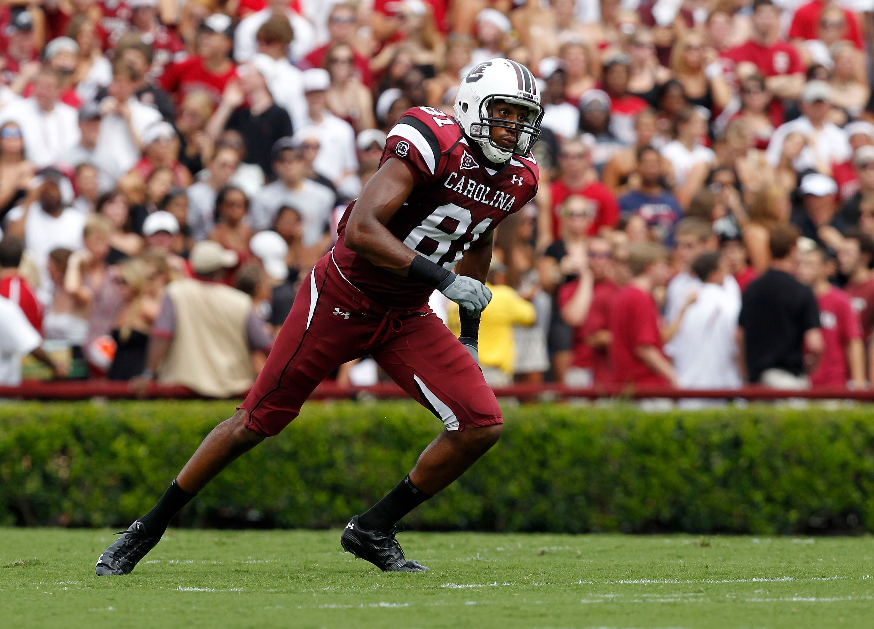 COLUMBIA, SC - SEPTEMBER 11:  Wide receiver Tori Gurley #81 of the South Carolina Gamecocks breaks off of the line of scrimmage during the game against the Georgia Bulldogs at Williams-Brice Stadium on September 11, 2010 in Columbia, South Carolina.  (Pho