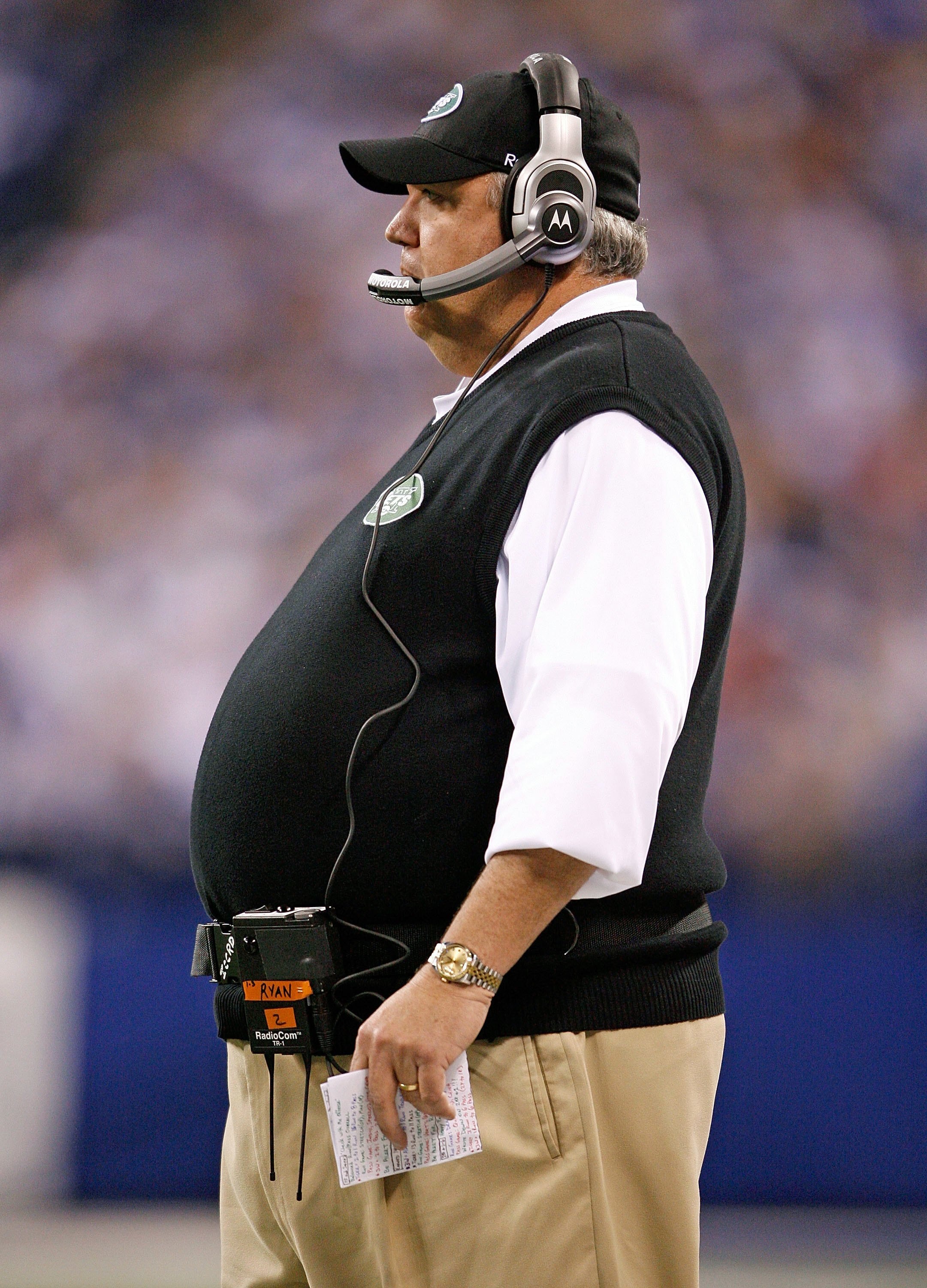 INDIANAPOLIS - DECEMBER 27:  Rex Ryan the Head Coach of the New York Jets watches the action during the NFL game against the Indianapolis Colts at Lucas Oil Stadium on December 27, 2009 in Indianapolis, Indiana. Peyton Manning and many of the Colts starte