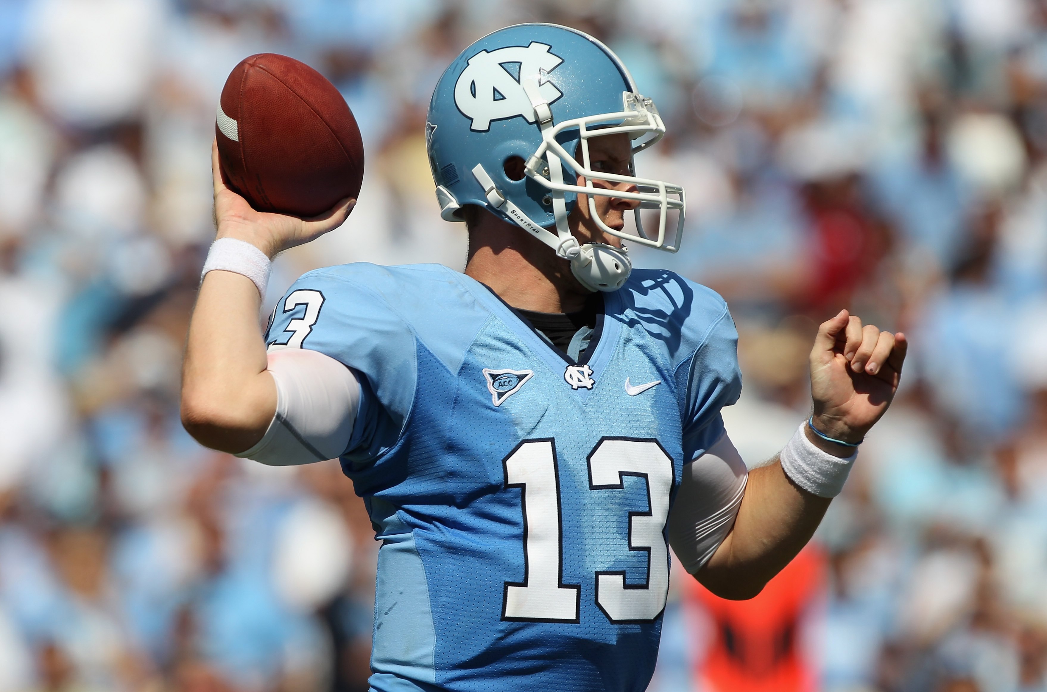 CHAPEL HILL, NC - SEPTEMBER 18:  T.J. Yates #13 of the North Carolina Tar Heels against the Georgia Tech Yellow Jackets during their game at Kenan Stadium on September 18, 2010 in Chapel Hill, North Carolina.  (Photo by Streeter Lecka/Getty Images)