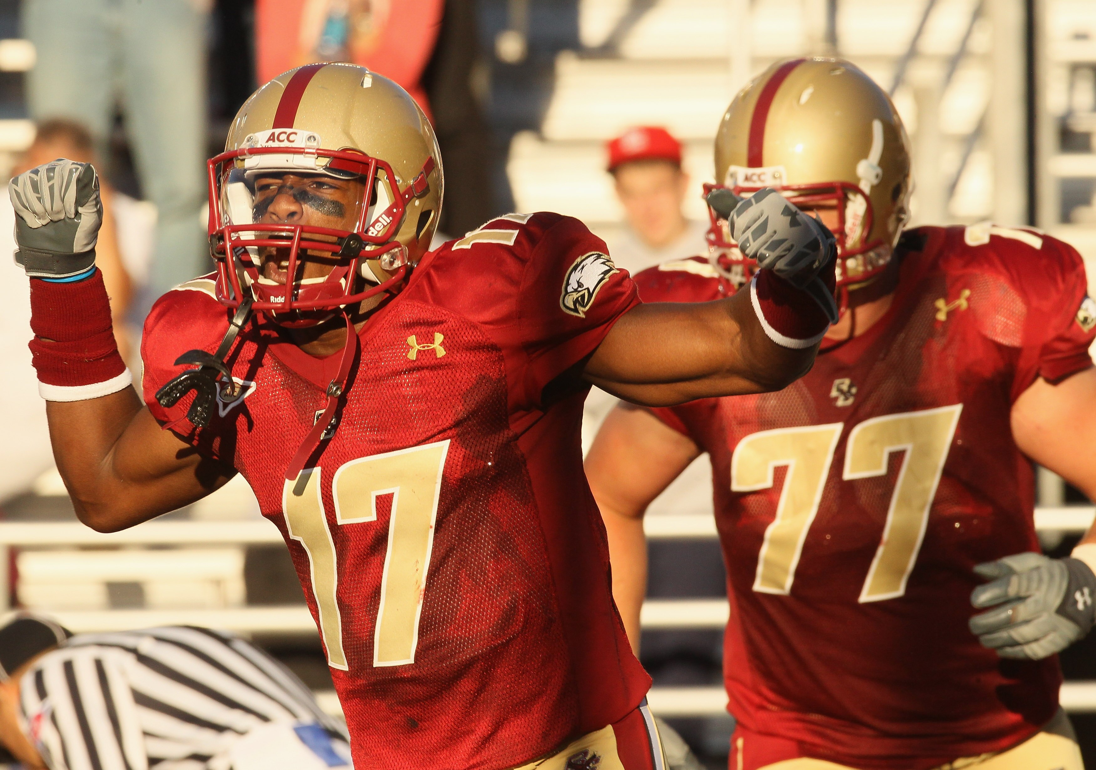 CHESTNUT HILL, MA - SEPTEMBER 11:  Clyde Lee #17 of the Boston College Eagles celebrates his touchdown as teammate Emmett Cleary #77 stands by in the second half against the Kent State Golden Flashes on September 11, 2010 at Alumni Stadium in Chestnut Hil