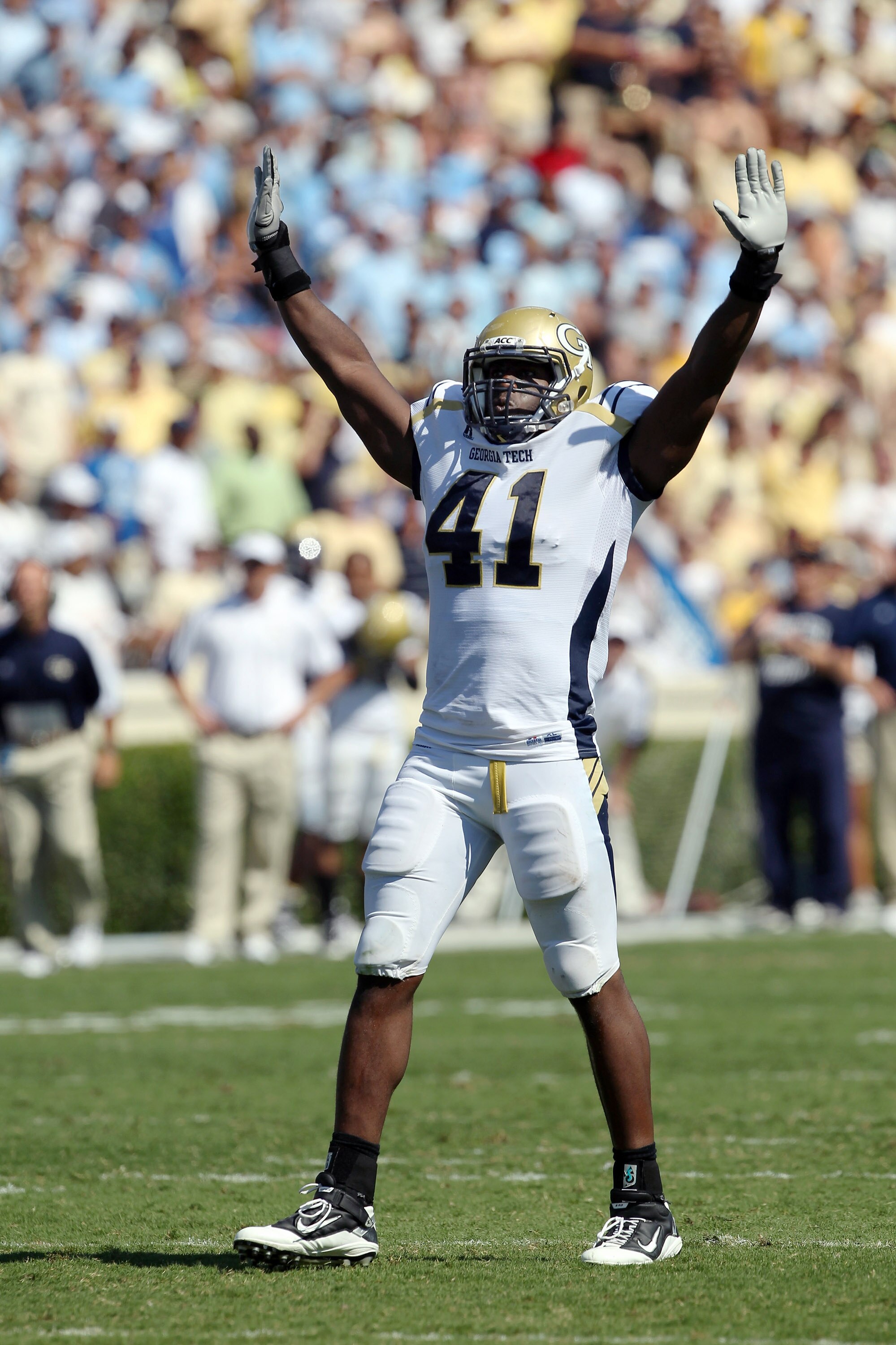 CHAPEL HILL, NC - SEPTEMBER 18: Anthony Egbuniwe #41 of the Georgia Tech Yellow Jackets celebrates after a field goal giving them the lead against the North Carolina Tar Heels during their game at Kenan Stadium on September 18, 2010 in Chapel Hill, North CHAPEL HILL, NC - SEPTEMBER 18: Anthony Egbuniwe #41 of the Georgia Tech Yellow Jackets celebrates after a field goal giving them the lead against the North Carolina Tar Heels during their game at Kenan Stadium on September 18, 2010 in Chapel Hill, North