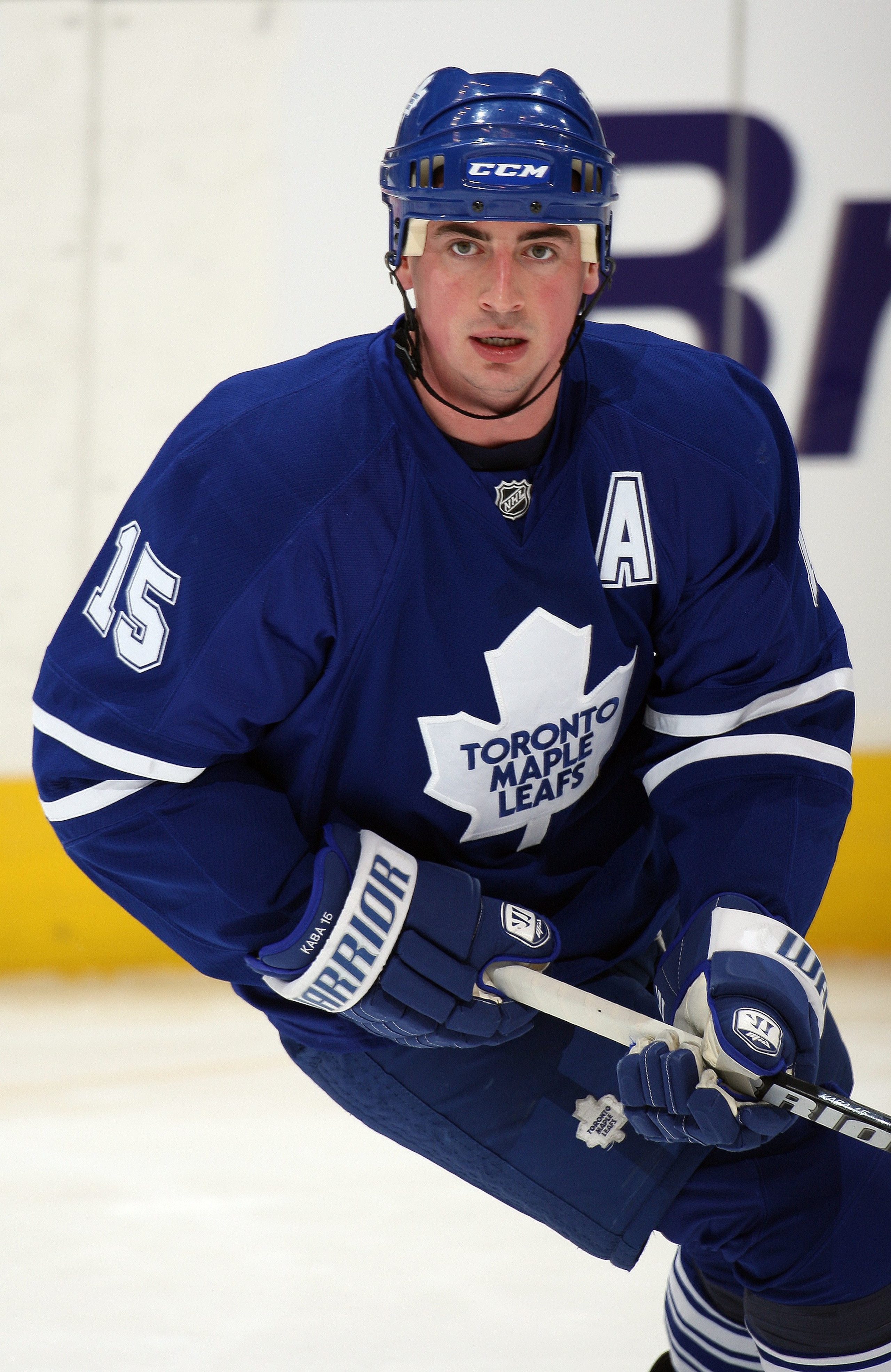 TORONTO, ON - FEBRUARY 8:  Tomas Kaberle #15 of the Toronto Maple Leafs skates in the warm-up prior to a game against the San Jose Sharks on February 8, 2010 at the Air Canada Centre in Toronto, Ontario. The Sharks defeated the Leafs 3-2. (Photo by Claus