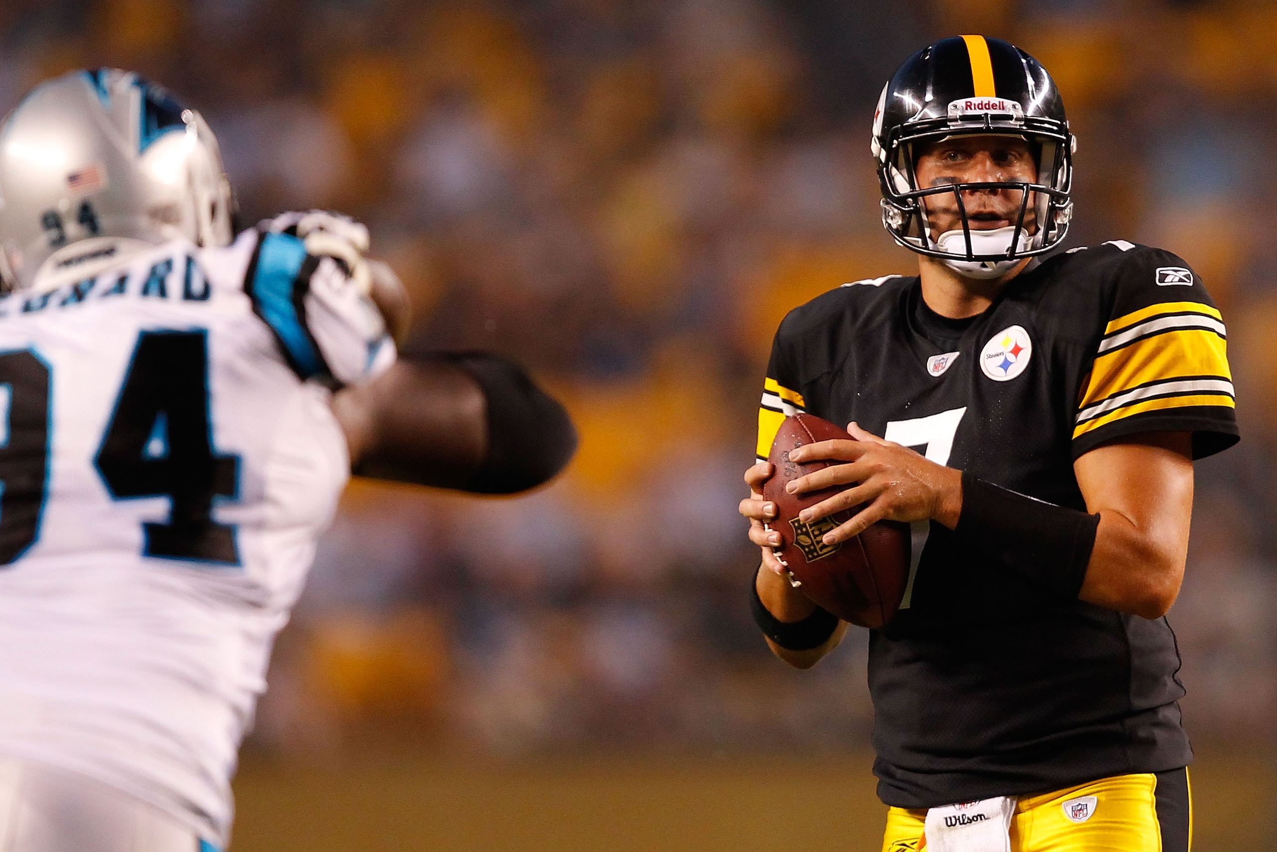 PITTSBURGH - SEPTEMBER 02: Ben Roethlisberger #7 of the Pittsburgh Steelers drops back to pass against the Carolina Panthers during the preseason game on September 2, 2010 at Heinz Field in Pittsburgh, Pennsylvania. (Photo by Jared Wickerham/Getty Images) PITTSBURGH - SEPTEMBER 02: Ben Roethlisberger #7 of the Pittsburgh Steelers drops back to pass against the Carolina Panthers during the preseason game on September 2, 2010 at Heinz Field in Pittsburgh, Pennsylvania. (Photo by Jared Wickerham/Getty Images)