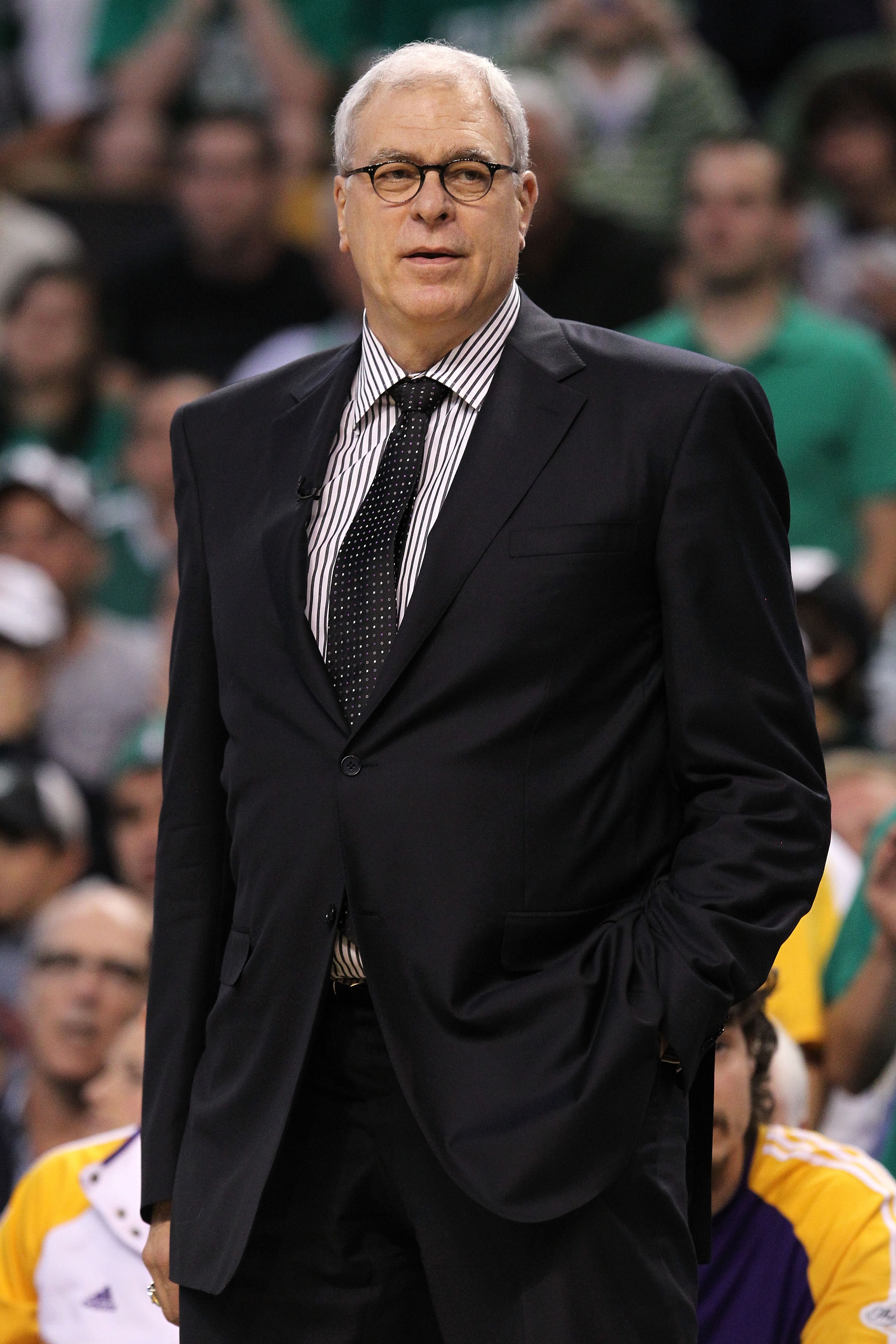 BOSTON - JUNE 13:  Head coach Phil Jackson of the Los Angeles Lakers looks on against the Boston Celtics during Game Five of the 2010 NBA Finals on June 13, 2010 at TD Garden in Boston, Massachusetts. The Celtics won 92-86. NOTE TO USER: User expressly ac
