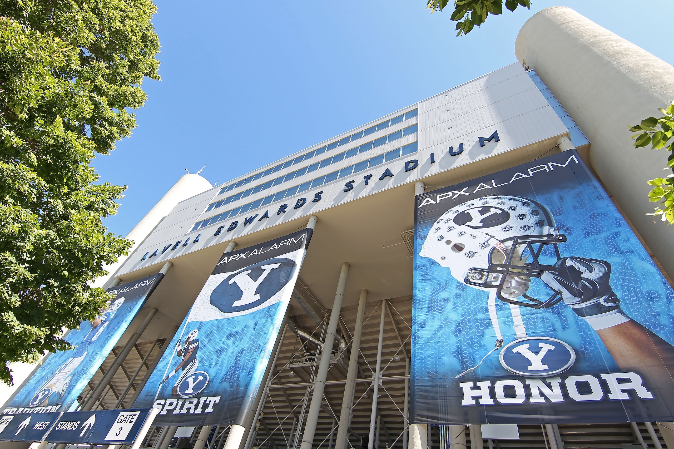 PROVO, UT - SEPTEMBER 1:  Large signs hang outside Lavell Edwards Stadium where it was announced that BYU football will become independent in 2011 separating from the Mountain West Conference, September 1, 2010 in Provo, Utah. The remaining BYU sports wil