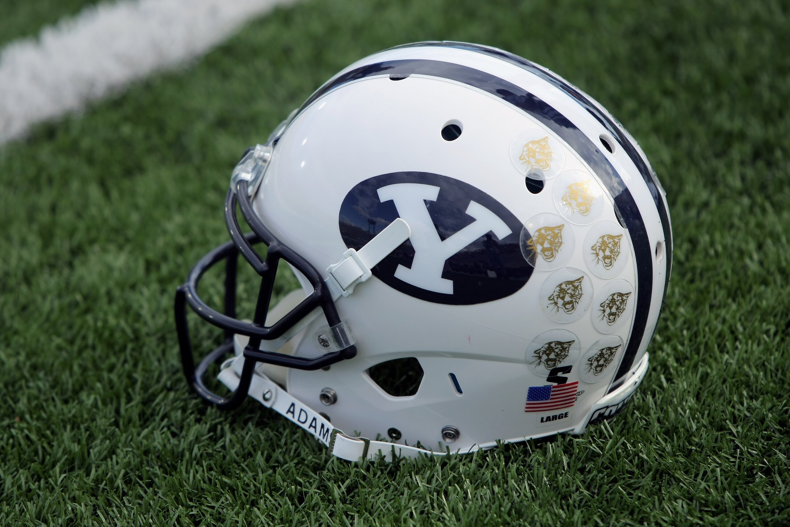 FORT COLLINS, CO - NOVEMBER 01:  A detail photograph of the helmet belonging to quaterback Brenden Gaskins #6 of the Brigham Young Cougars as he warms up prior to facing the Colorado State Rams at Sonny Lubick Field at Hughes Stadium on November 1, 2008 i