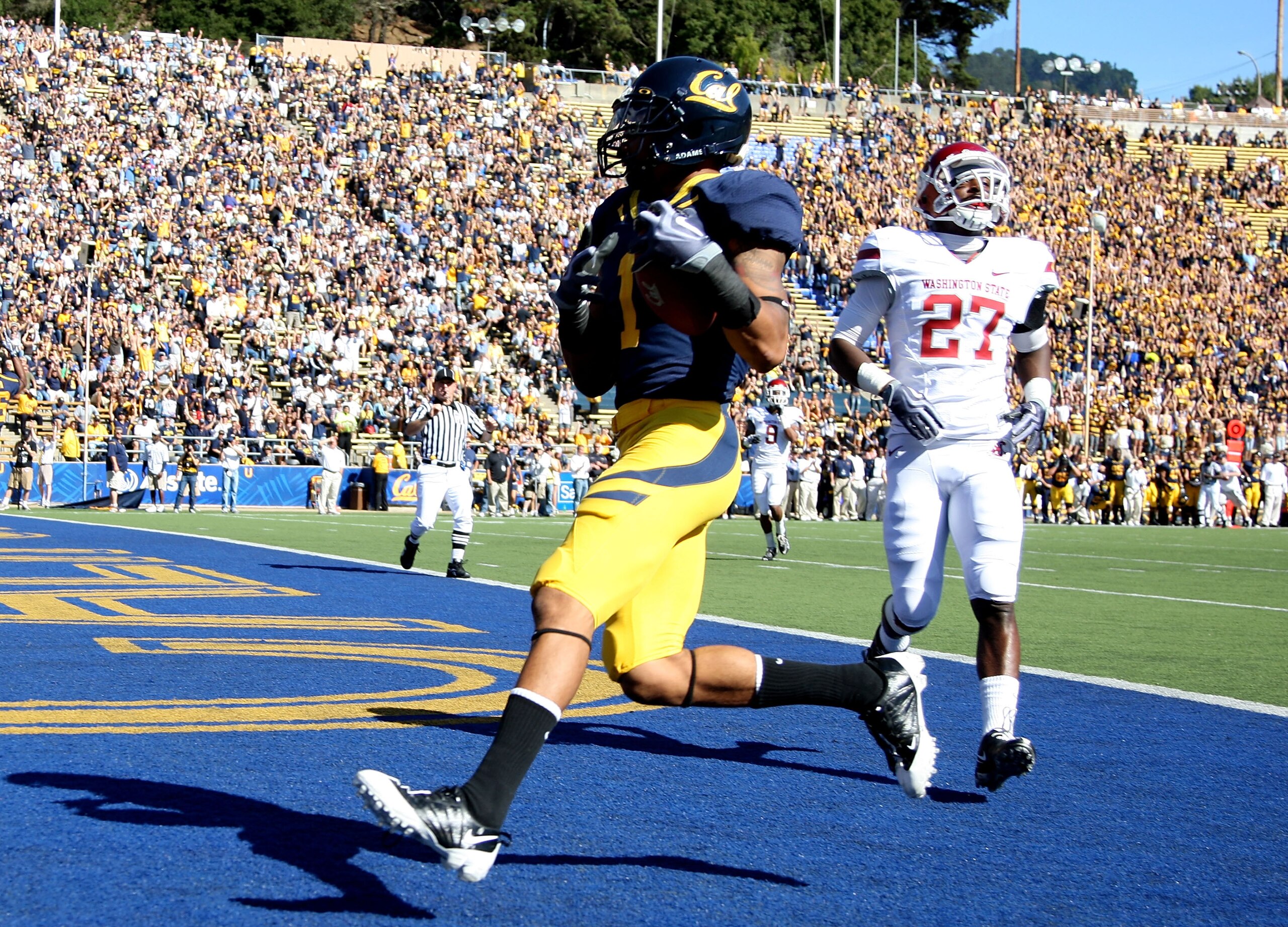 BERKELEY, CA - OCTOBER 24:  Marvin Jones #1 of the California Golden Bears scores a touchdown in the 1st half against the Washington State Cougars at California Memorial Stadium on October 24, 2009 in Berkeley, California.  (Photo by Jed Jacobsohn/Getty I