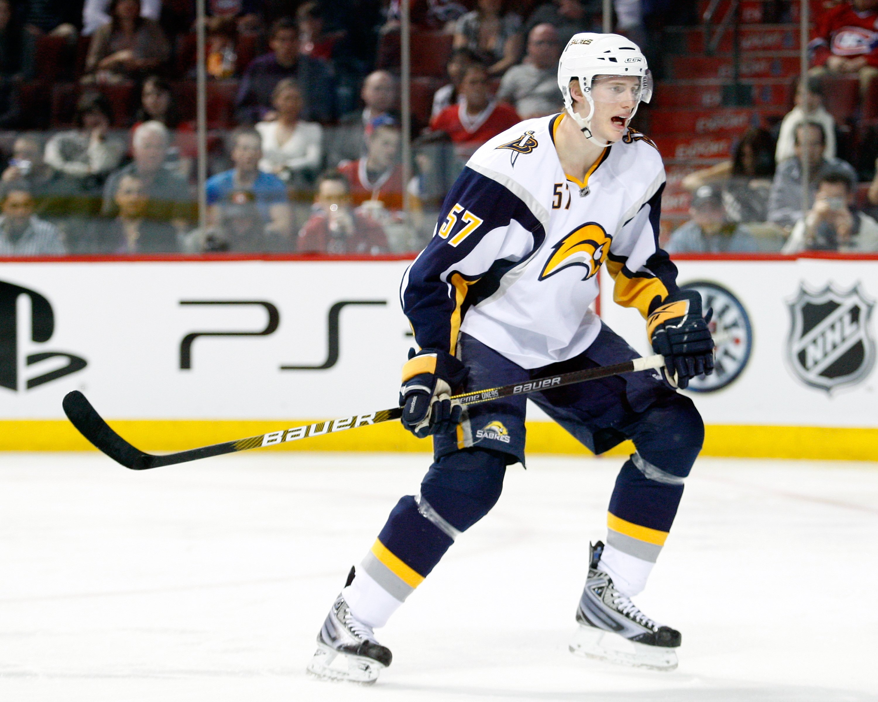 MONTREAL- APRIL 3:  Tyler Myers #57 of the Buffalo Sabres skates during the NHL game against the Montreal Canadiens on April 3, 2010 at the Bell Centre in Montreal, Quebec, Canada.  The Canadiens defeated the Sabres 3-0.  (Photo by Richard Wolowicz/Getty 