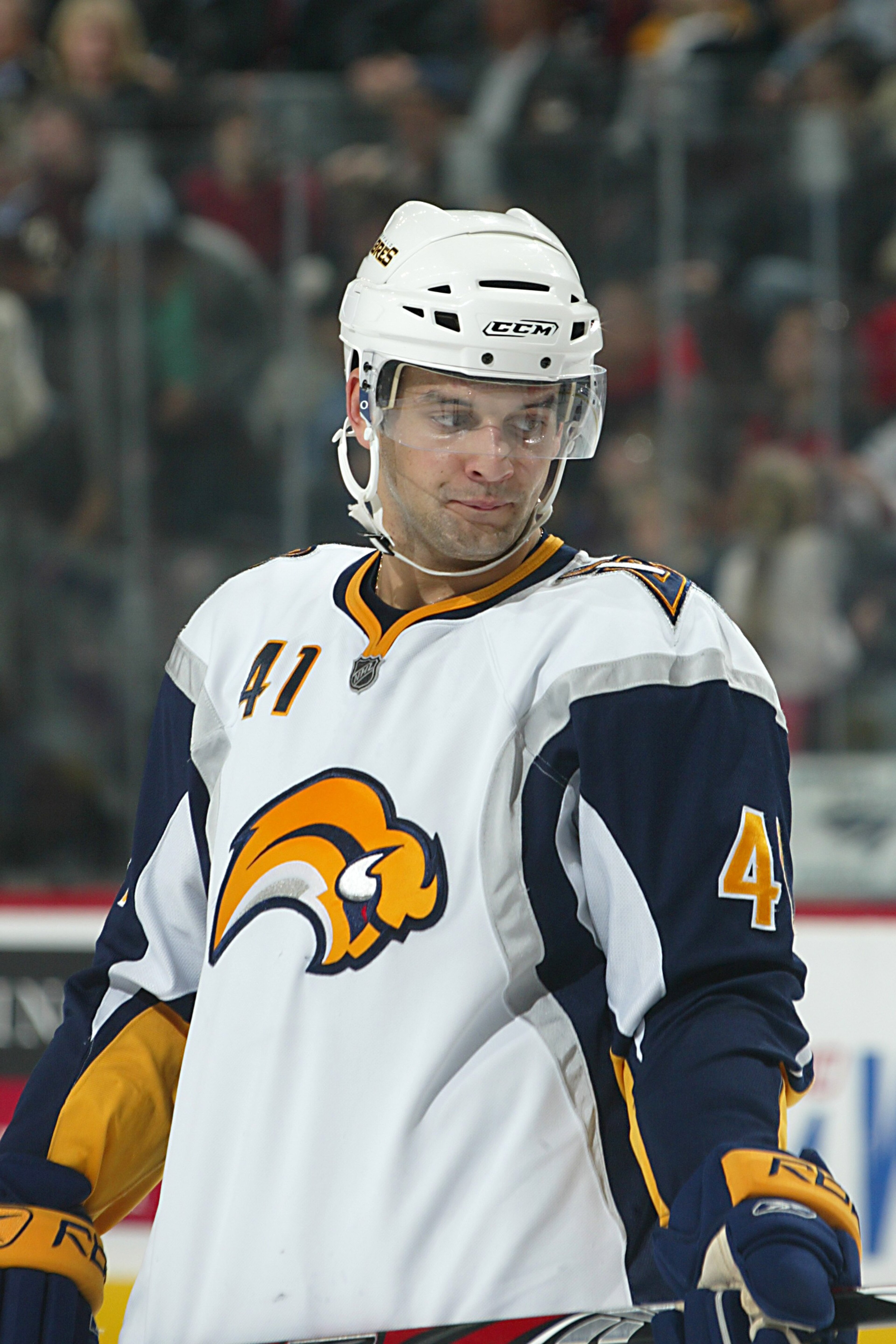 NEWARK - JANUARY 8:  Clarke MacArthur #41 of the Buffalo Sabres looks on during the NHL game against the New Jersey Devils at the Prudential Center on January 8, 2008 in Newark, New Jersey. (Photo by Bruce Bennett/Getty Images)