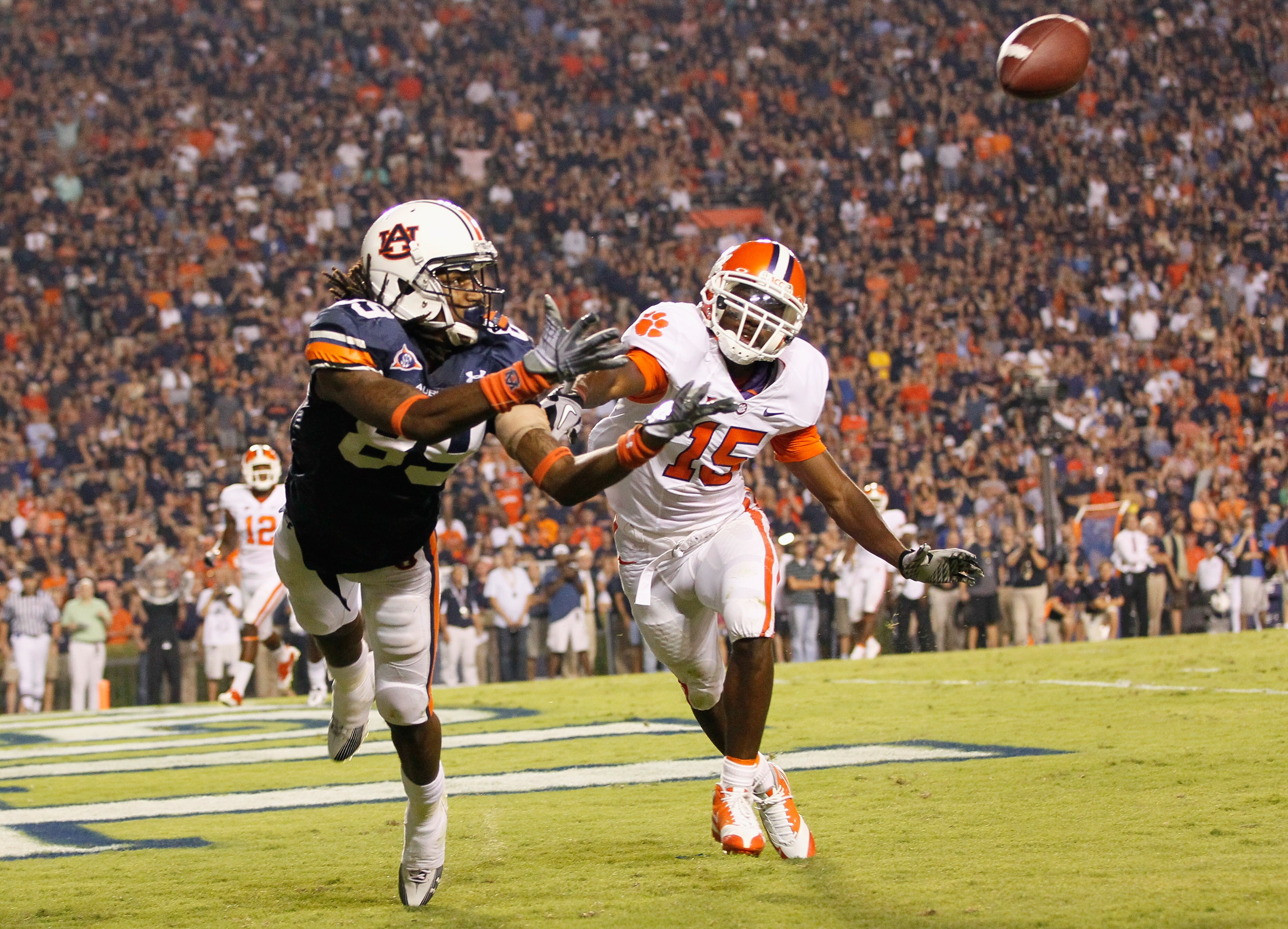 AUBURN, AL - SEPTEMBER 18:  Darvin Adams #89 of the Auburn Tigers fails to pull in this touchdown reception in overtime against Coty Sensabaugh #15 of the Clemson Tigers at Jordan-Hare Stadium on September 18, 2010 in Auburn, Alabama.  (Photo by Kevin C.