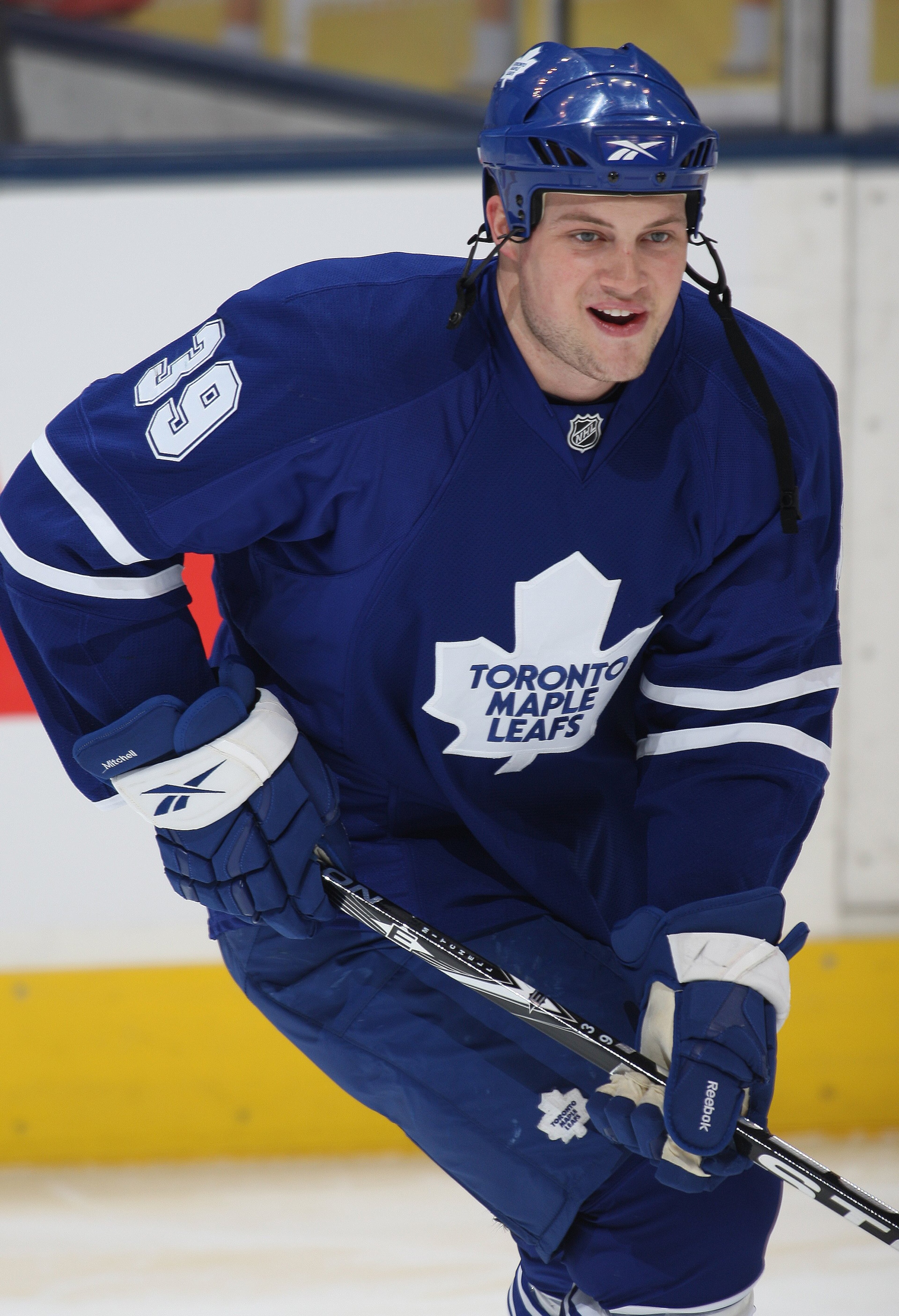 TORONTO, ON - FEBRUARY 8:  John Mitchell #39 of the Toronto Maple Leafs skates in the warm-up prior to a game against the San Jose Sharks on February 8, 2010 at the Air Canada Centre in Toronto, Ontario. The Sharks defeated the Leafs 3-2. (Photo by Claus