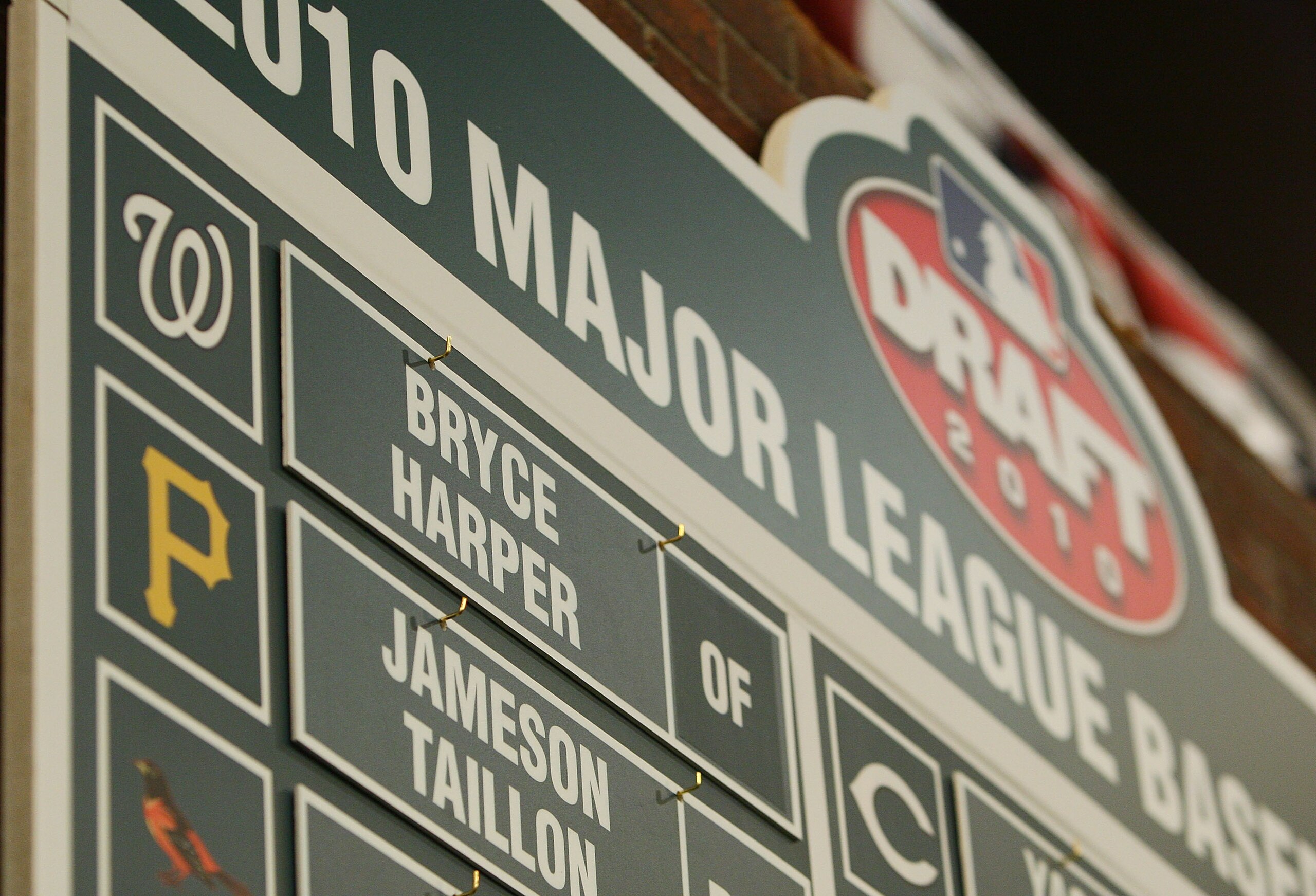 SECAUCUS, NJ - JUNE 07:  A detailed view of the first overall pick of the Washington Nationals Bryce Harper on the draft board during the MLB First Year Player Draft on June 7, 2010 held in Studio 42 at the MLB Network in Secaucus, New Jersey.  (Photo by
