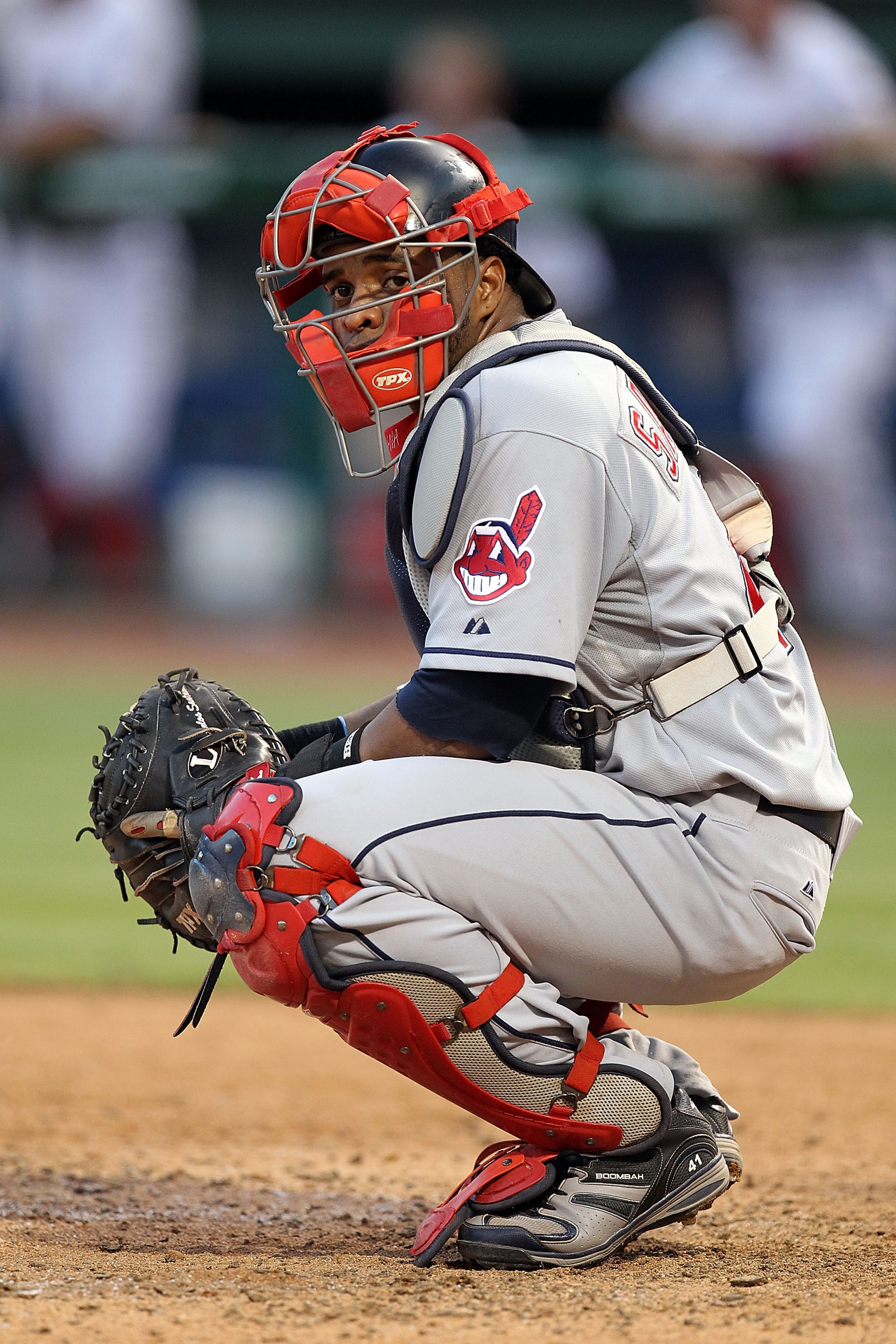 ARLINGTON, TX - JULY 05: Catcher Carlos Santana #41 of the Cleveland Indians on July 5, 2010 at Rangers Ballpark in Arlington, Texas. (Photo by Ronald Martinez/Getty Images) ARLINGTON, TX - JULY 05: Catcher Carlos Santana #41 of the Cleveland Indians on July 5, 2010 at Rangers Ballpark in Arlington, Texas. (Photo by Ronald Martinez/Getty Images)