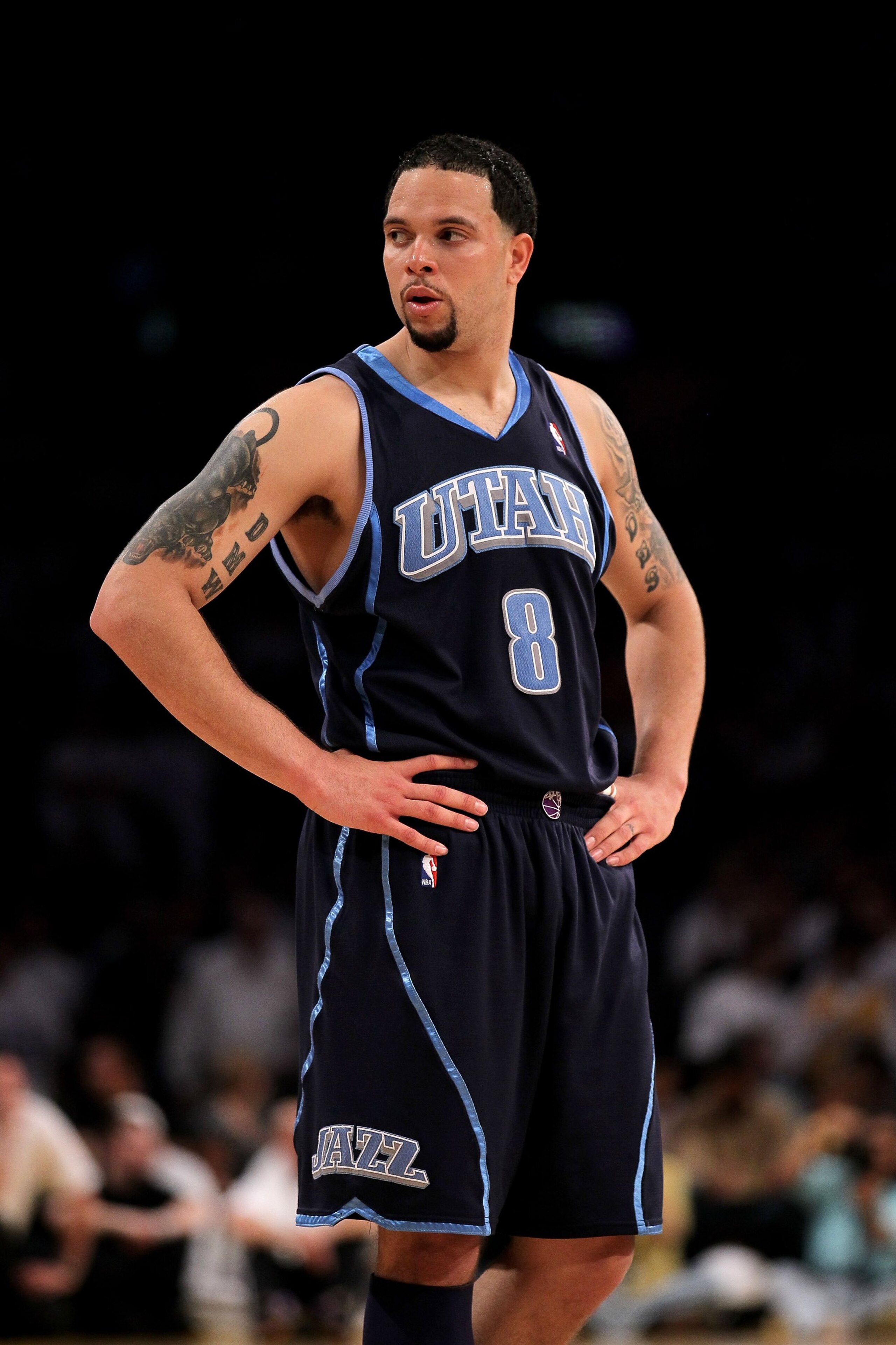 LOS ANGELES, CA - MAY 02:  Deron Williams #8 of the Utah Jazz stands on the court against the Los Angeles Lakers during Game One of the Western Conference Semifinals of the 2010 NBA Playoffs on May 2, 2010 at Staples Center in Los Angeles, California.  Th