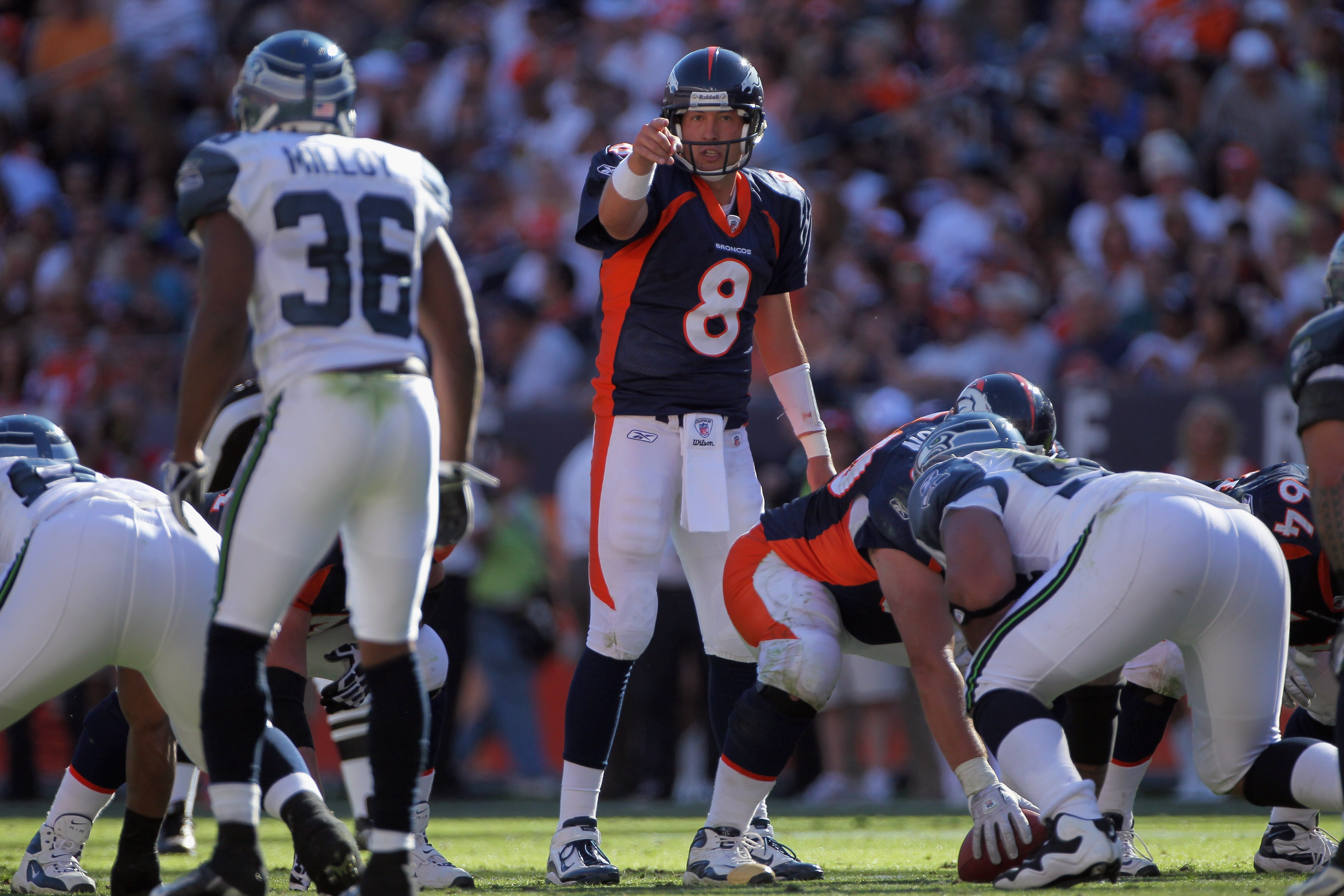 DENVER - SEPTEMBER 19:  Quarterback Kyle Orton #8 of the Denver Broncos runs the offense against the Seattle Seahawks at INVESCO Field at Mile High on September 19, 2010 in Denver, Colorado. The Broncos defeated the Seahawks 31-14.  (Photo by Doug Pensing