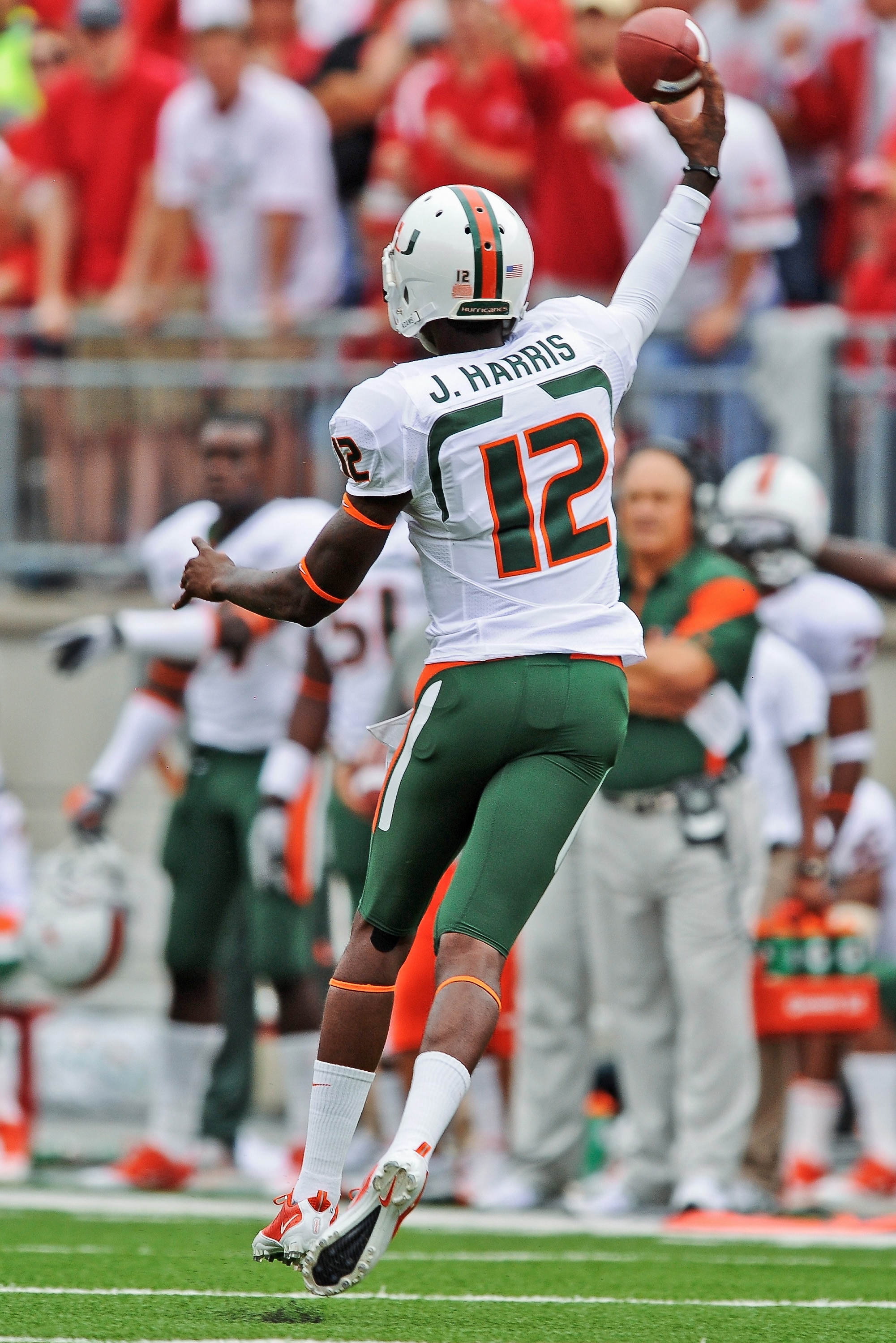 COLUMBUS, OH - SEPTEMBER 11:  Quarterback Jacory Harris #12 of the Miami Hurricanes passes the ball against the Ohio State Buckeyes at Ohio Stadium on September 11, 2010 in Columbus, Ohio.  (Photo by Jamie Sabau/Getty Images)