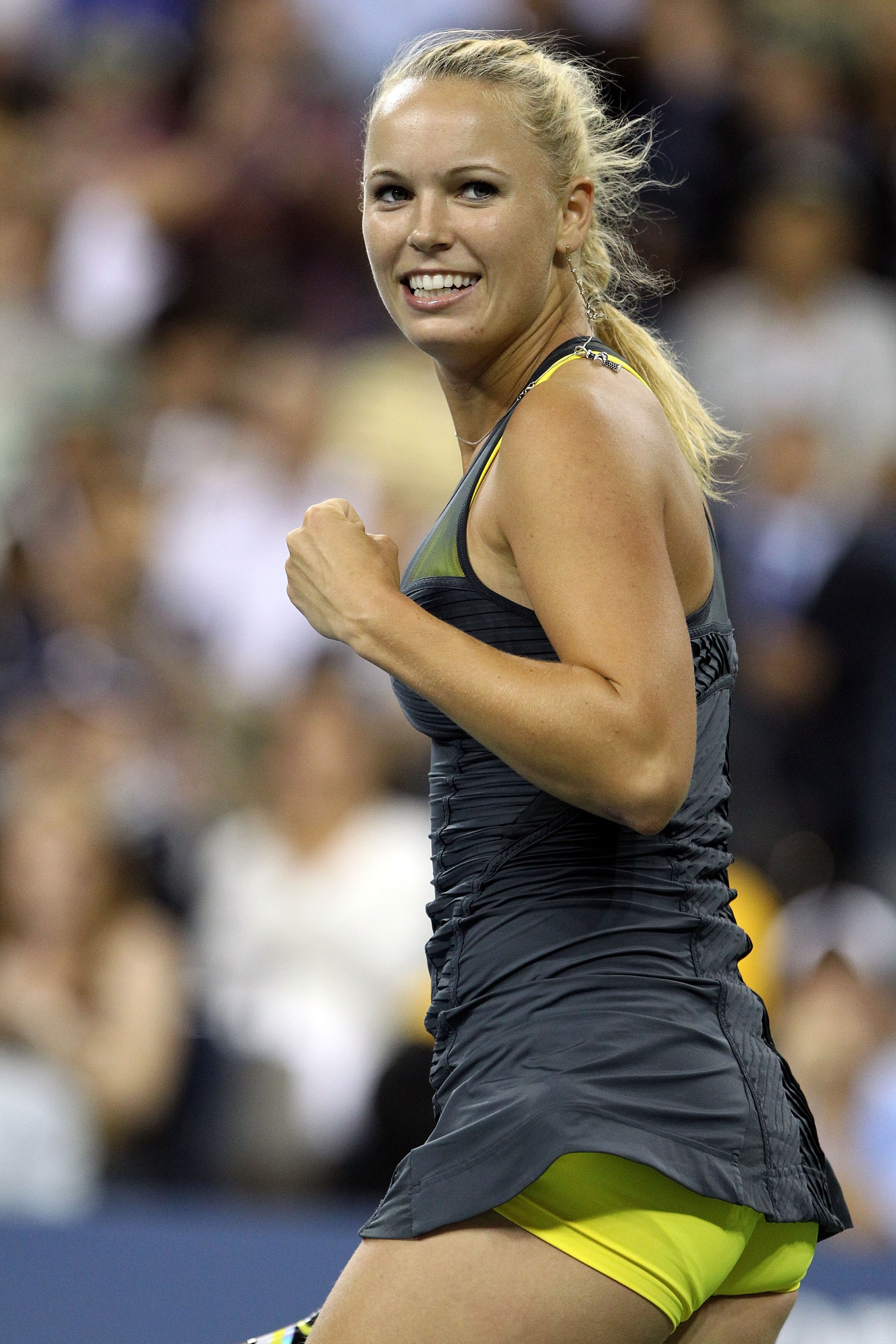 NEW YORK - SEPTEMBER 08:  Caroline Wozniacki of Denmark celebrates after defeating Dominika Cibulkova of Slovakia during her women's single quarterfinal match during day ten of the 2010 U.S. Open at the USTA Billie Jean King National Tennis Center on Sept