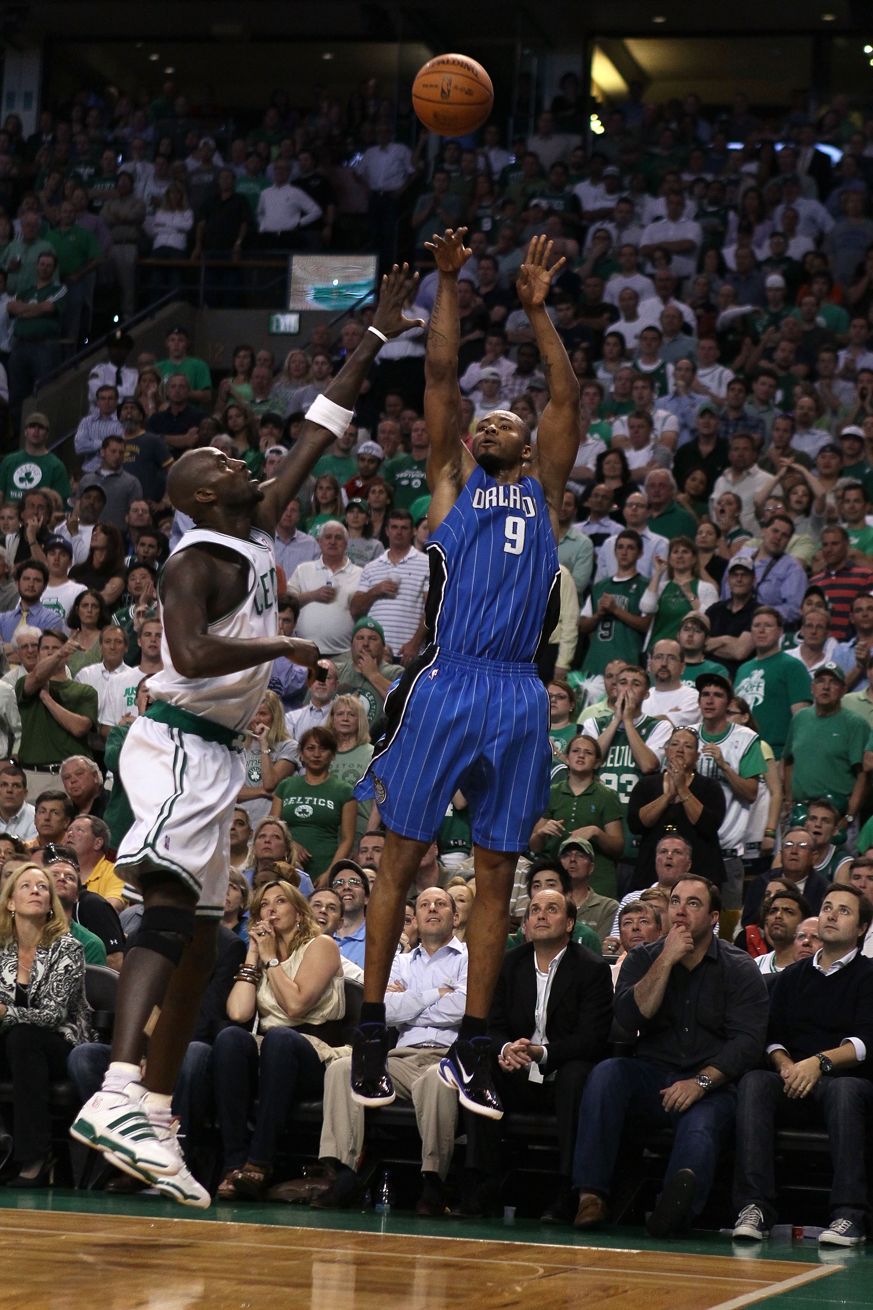 BOSTON - MAY 24:  Rashard Lewis #9 of the Orlando Magic attempts a shot against Kevin Garnett #5 of the Boston Celtics in Game Four of the Eastern Conference Finals during the 2010 NBA Playoffs at TD Banknorth Garden on May 24, 2010 in Boston, Massachuset
