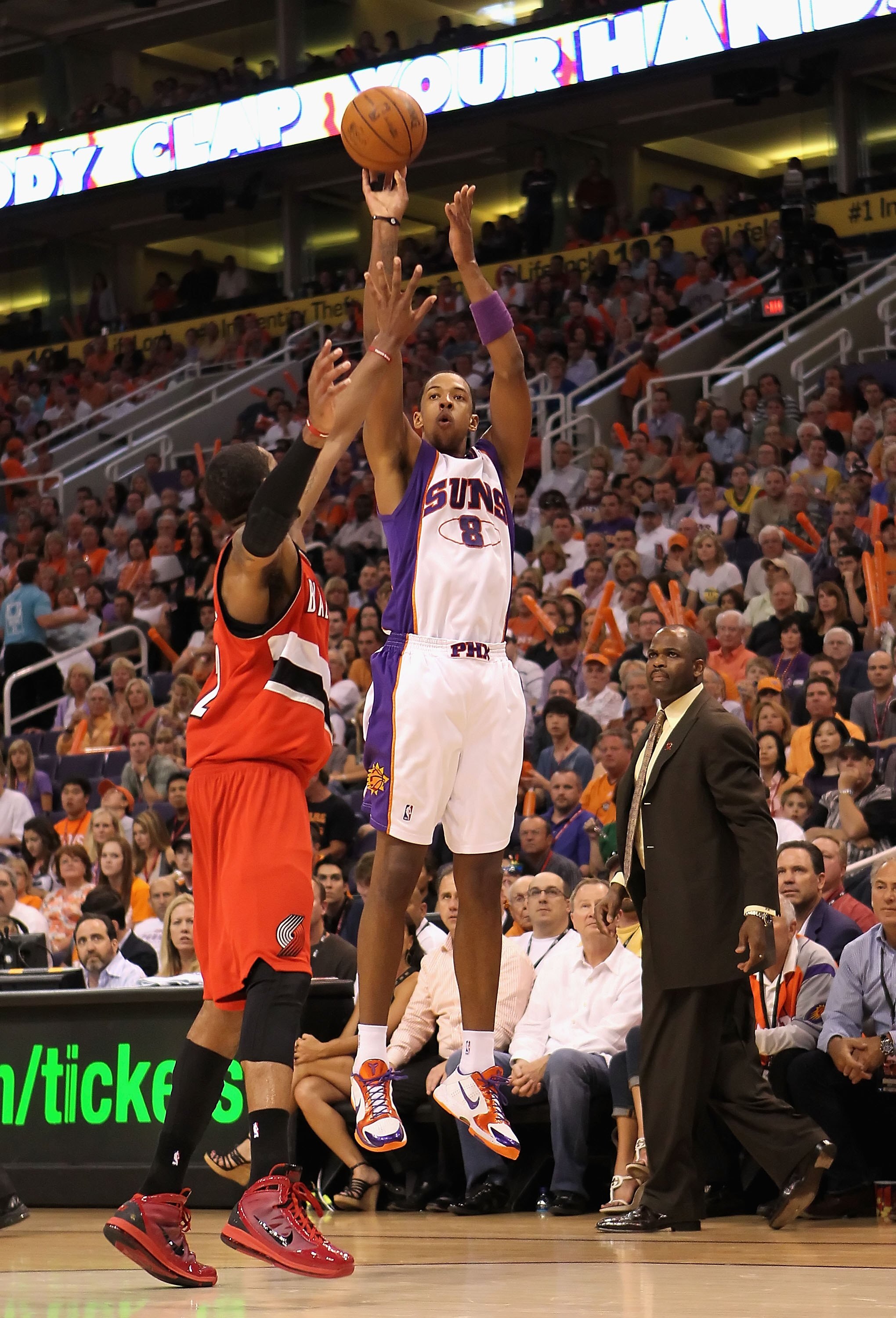 PHOENIX - APRIL 20:  Channing Frye #8 of the Phoenix Suns puts up a shot against the Portland Trail Blazers during Game Two of the Western Conference Quarterfinals of the 2010 NBA Playoffs at US Airways Center on April 20, 2010 in Phoenix, Arizona. The Su