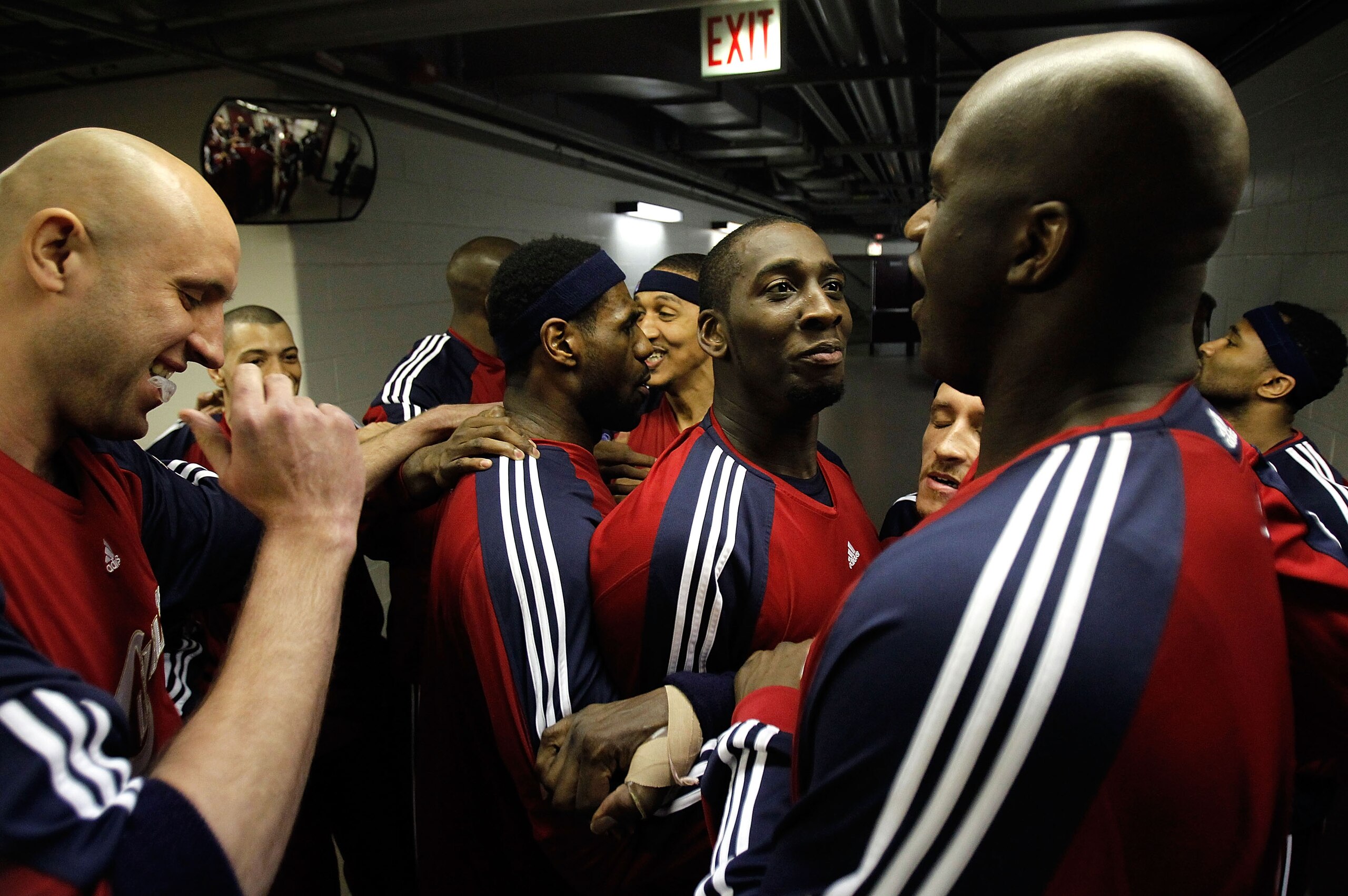 CHICAGO - APRIL 22: (L-R) Zydrunas Ilgauskas #11, LeBron James #23, J.J. Hickson #21 and Shaquille O'Neal #33 of the Cleveland Cavaliers join teammates in a dance before going on to the court for warm-ups to face the Chicago Bulls in Game Three of the Eas
