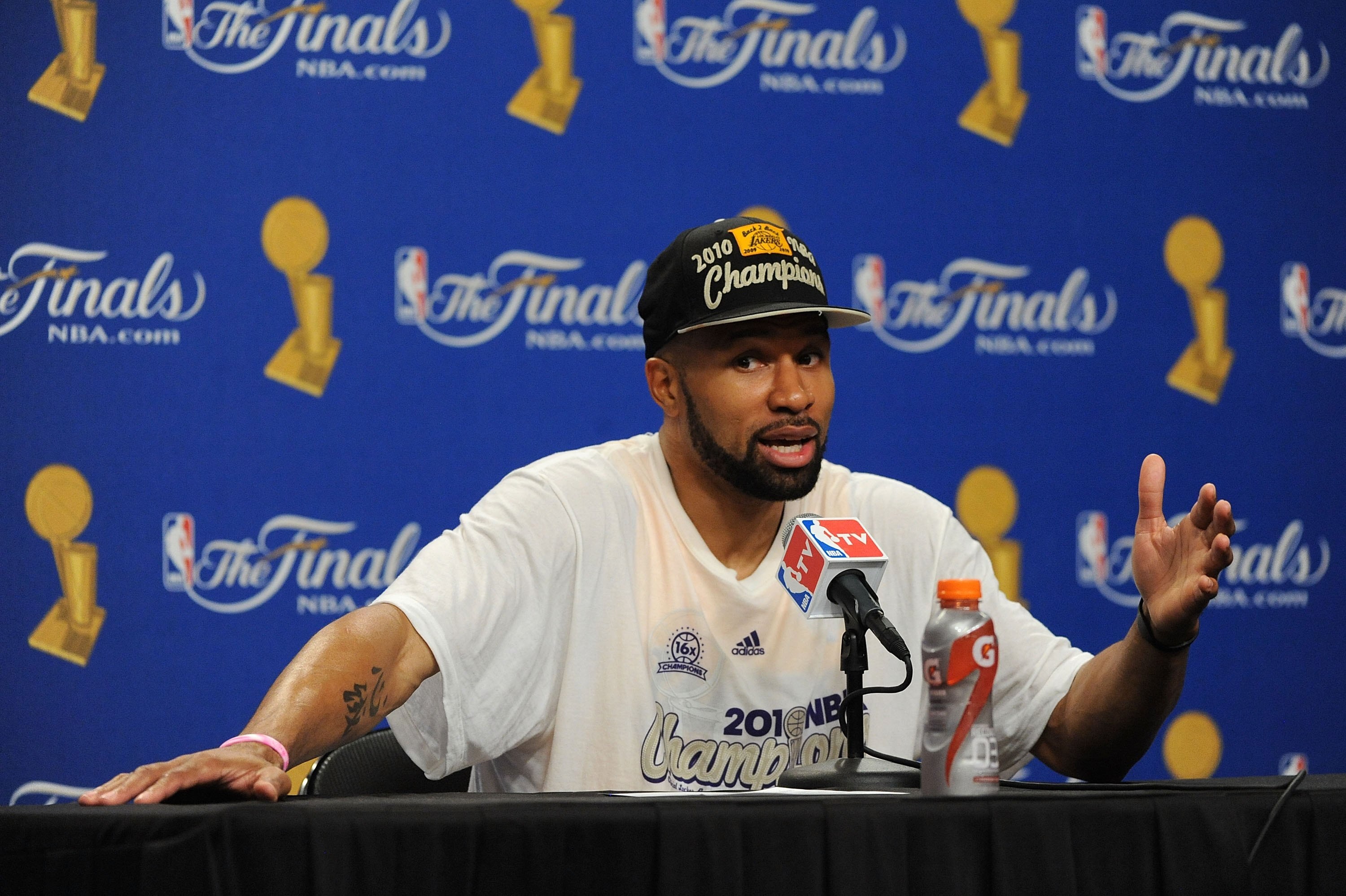 LOS ANGELES, CA - JUNE 17:  Derek Fisher #2of the Los Angeles Lakers speaks during the post game news conference as he celebrates after the Lakers defeated the Boston Celtics 83-79 in Game Seven of the 2010 NBA Finals at Staples Center on June 17, 2010 in
