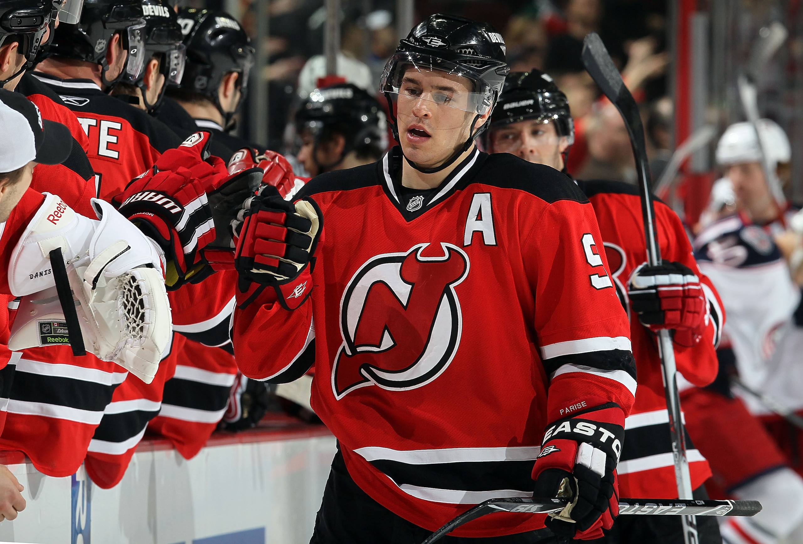 NEWARK, NJ - MARCH 23:  Zach Parise #9 of the New Jersey Devils celebrates his first goal against the Columbus Blue Jackets at the Prudential Center on March 23, 2010 in Newark, New Jersey.  (Photo by Jim McIsaac/Getty Images)