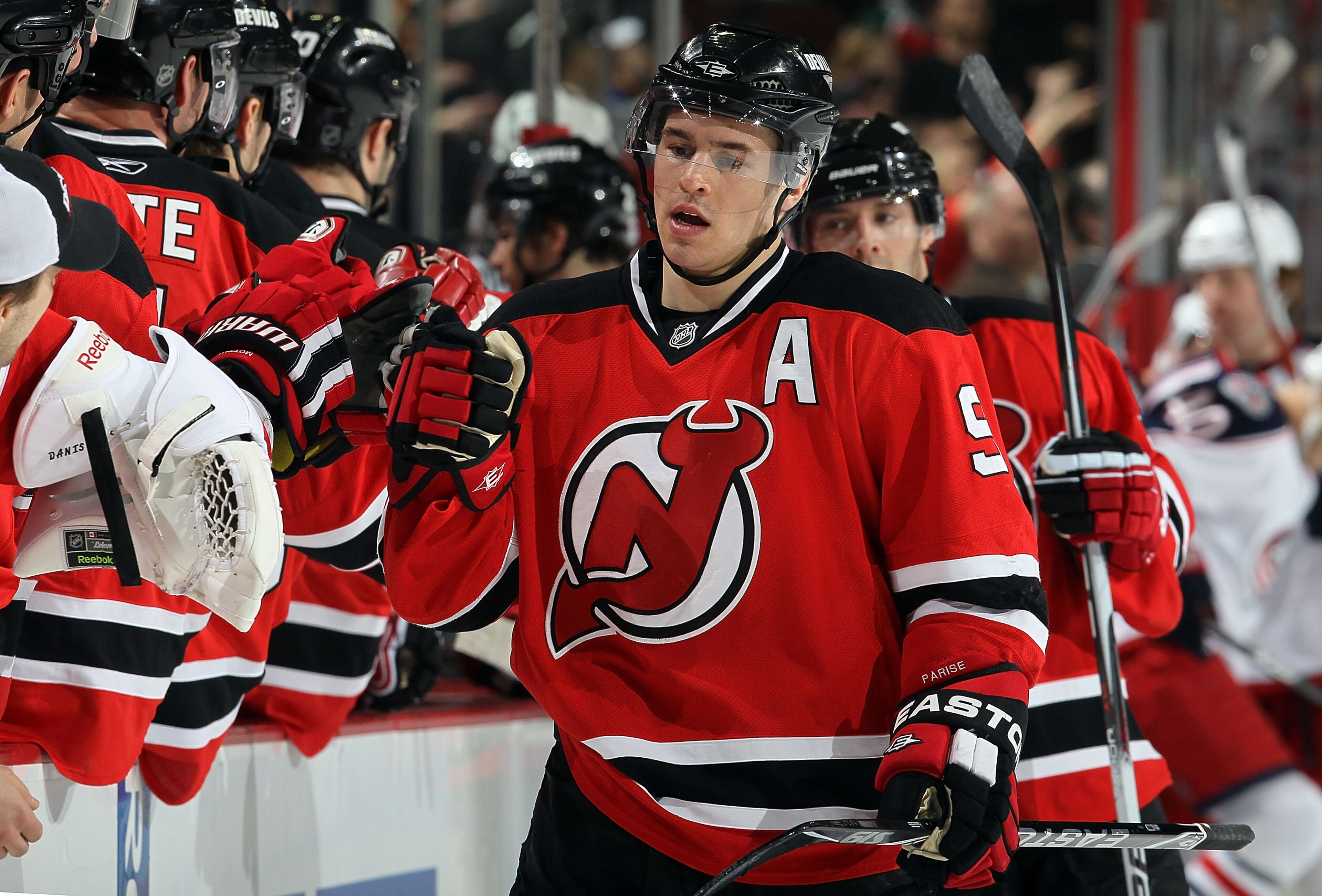 NEWARK, NJ - MARCH 23:  Zach Parise #9 of the New Jersey Devils celebrates his first goal against the Columbus Blue Jackets at the Prudential Center on March 23, 2010 in Newark, New Jersey.  (Photo by Jim McIsaac/Getty Images)