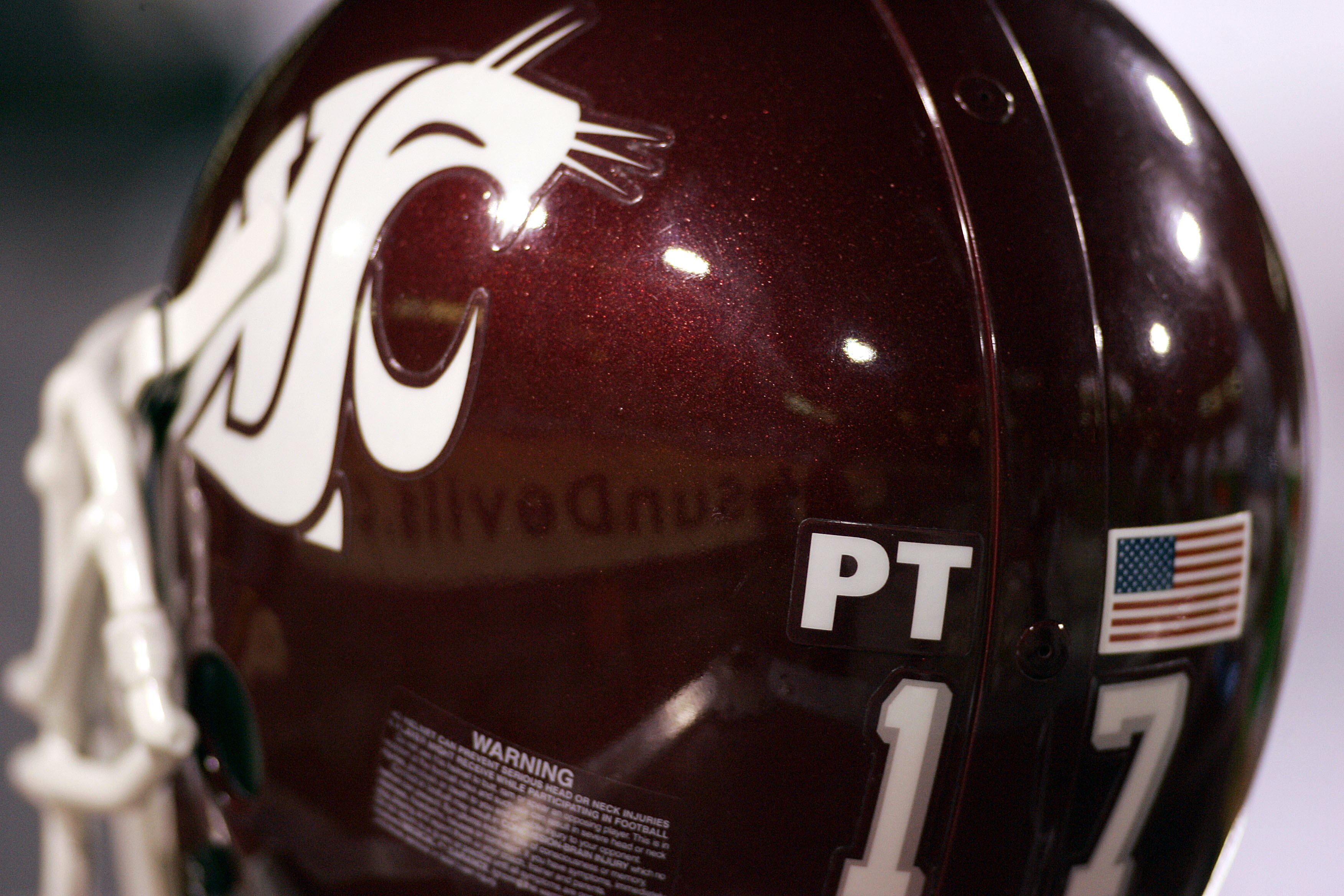 TEMPE, AZ - NOVEMBER 13:  A Washington State Cougars helmet showing the initials of Pat Tillman next to the American flag during the Arizona State Sun Devils against Washington State Cougars Pac-10 game at Sun Devil Stadium/Frank Kush Field on November 13