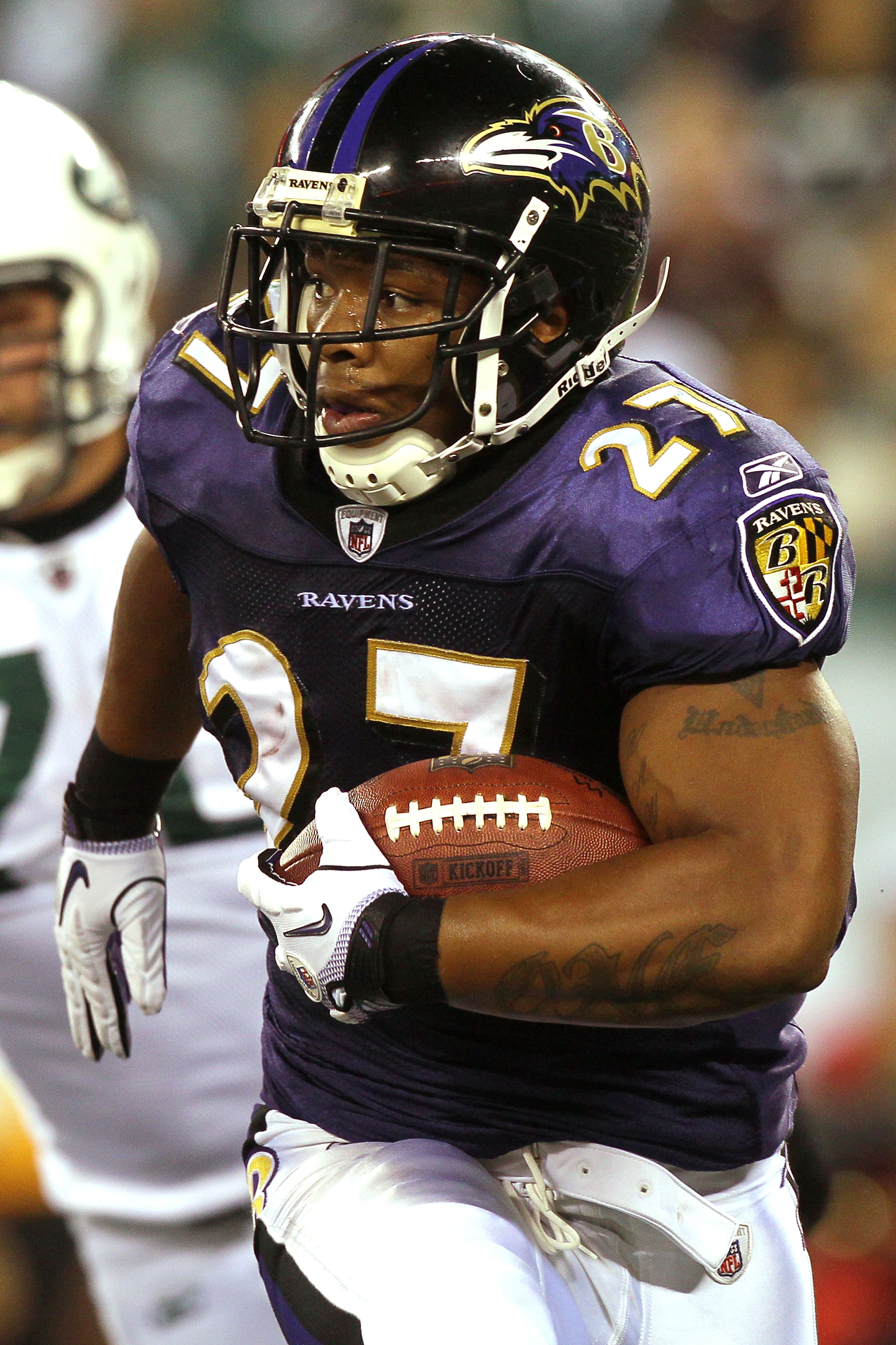 EAST RUTHERFORD, NJ - SEPTEMBER 13:  Ray Rice #27 of the Baltimore Ravens runs against the New York Jets during their home opener at the New Meadowlands Stadium on September 13, 2010 in East Rutherford, New Jersey.  (Photo by Jim McIsaac/Getty Images)