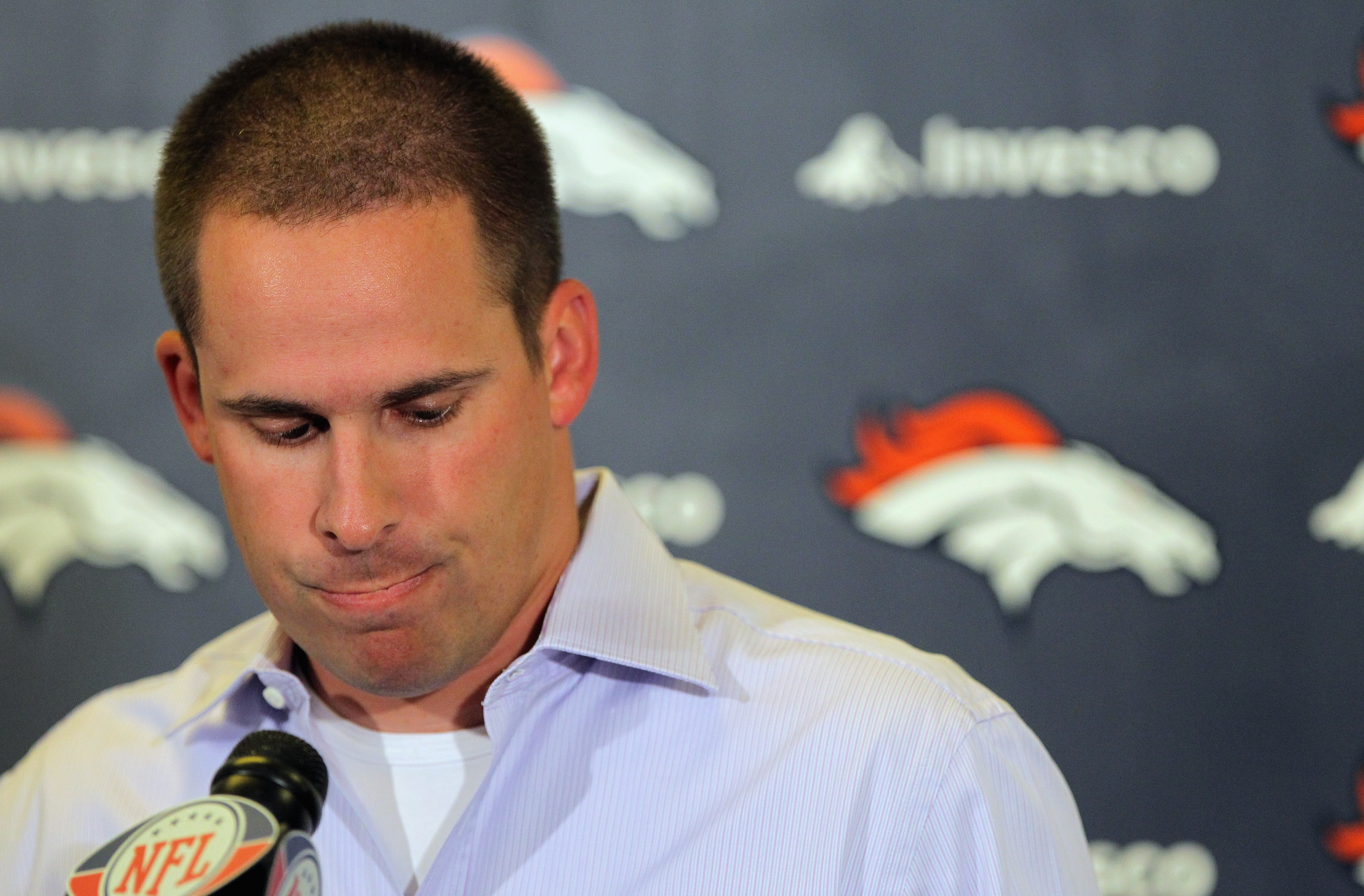 ENGLEWOOD, CO - SEPTEMBER 21:  Denver Broncos head coach Josh McDaniel addresses the media during a press conference to discuss the death of Bronco wide receiver Kenny McKinley at the Denver Broncos Headquarters at Dove Valley on September 21, 2010 in Eng