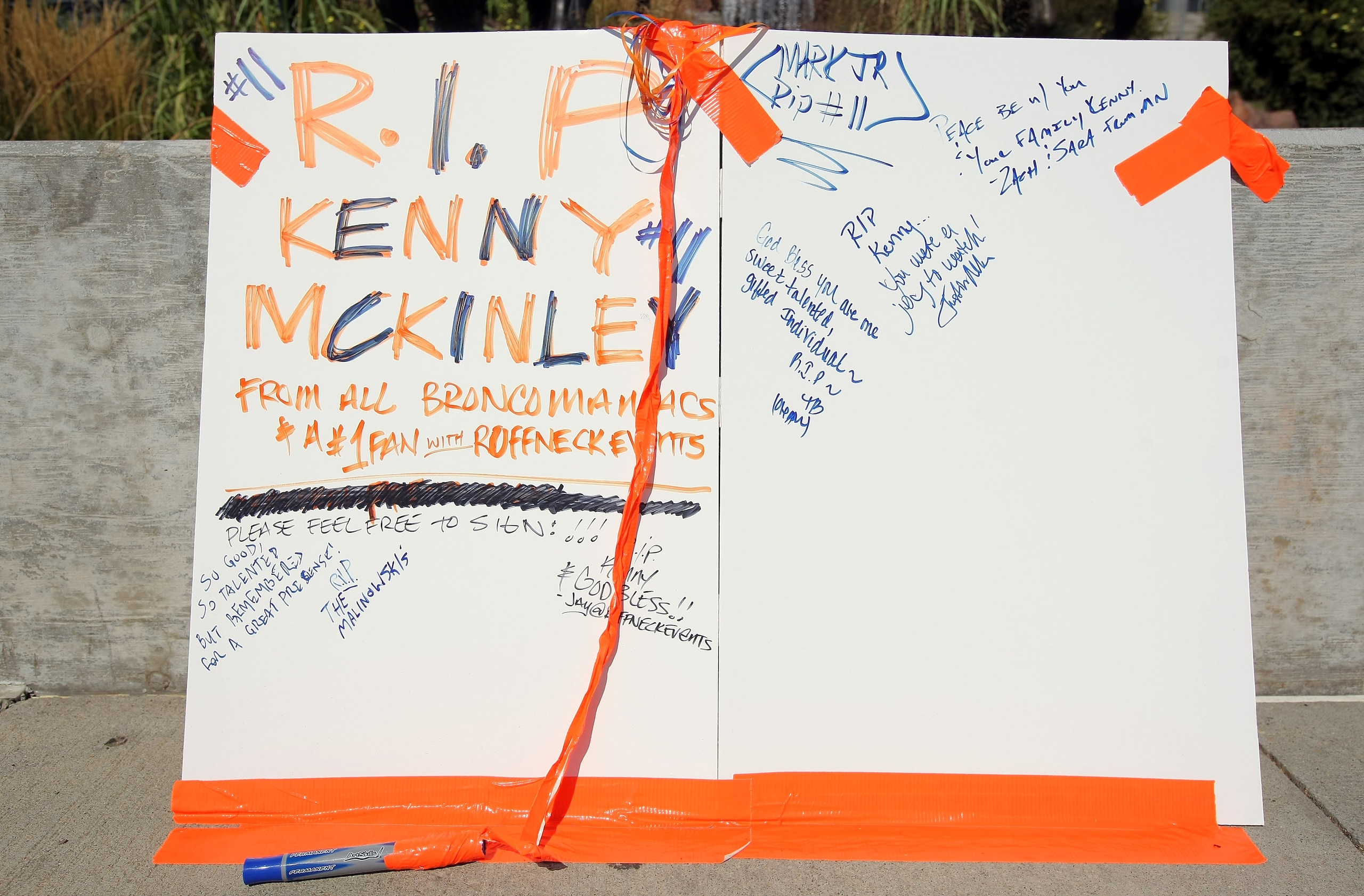 ENGLEWOOD, CO - SEPTEMBER 21: A poster is placed on the plaza outside stadium for fans to sign in memory of Denver Bronco wide receiver Kenny McKinley at Invesco Field at Mile High on September 21, 2010 in Denver, Colorado. McKinley, 23, was found dead i ENGLEWOOD, CO - SEPTEMBER 21: A poster is placed on the plaza outside stadium for fans to sign in memory of Denver Bronco wide receiver Kenny McKinley at Invesco Field at Mile High on September 21, 2010 in Denver, Colorado. McKinley, 23, was found dead i