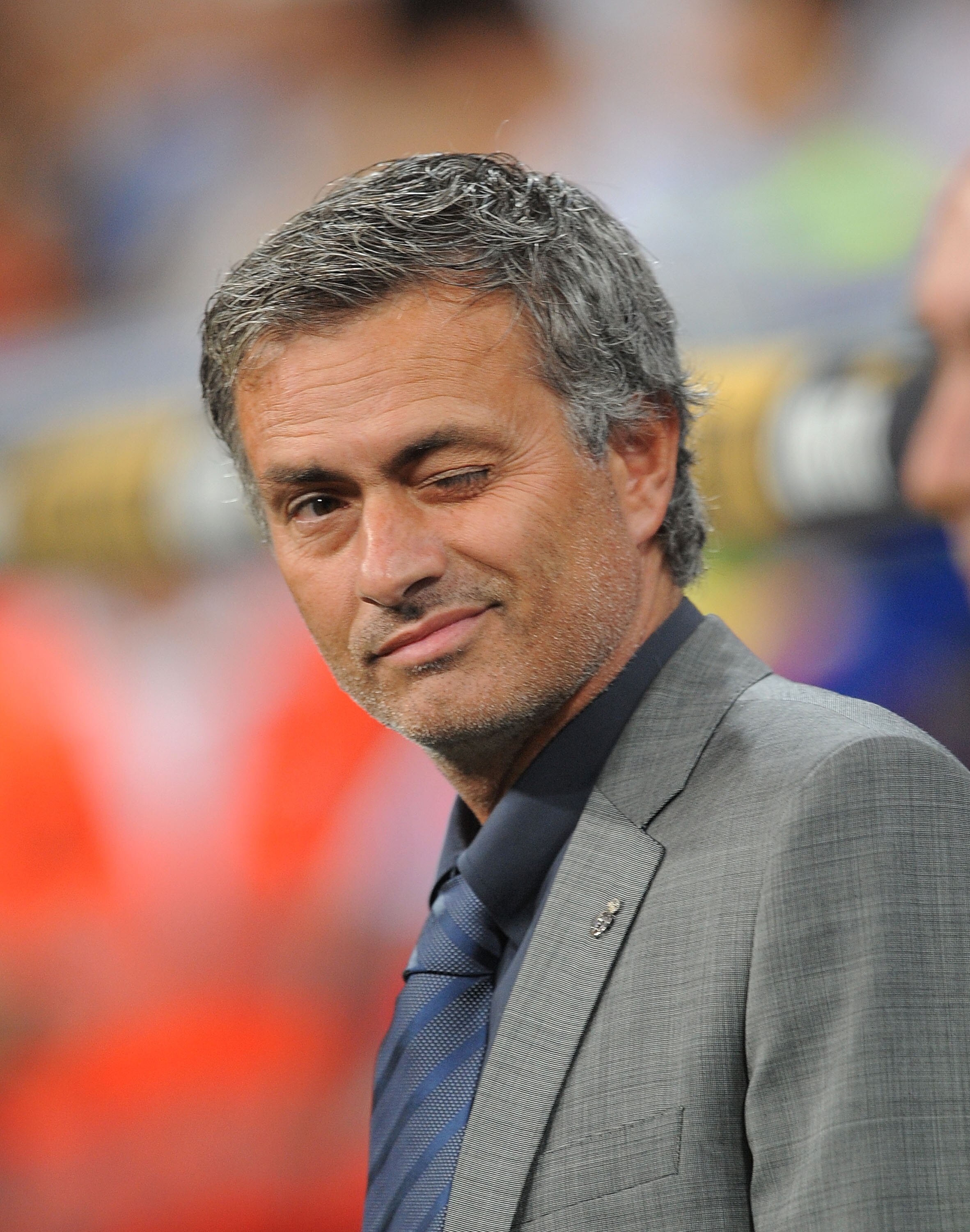 MADRID, SPAIN - SEPTEMBER 21:  Real Madrid manager Jose Mourinho winks after taking to the field before the La Liga match between Real Madrid and Espanyol at Estadio Santiago Bernabeu on September 21, 2010 in Madrid, Spain.  (Photo by Denis Doyle/Getty Im