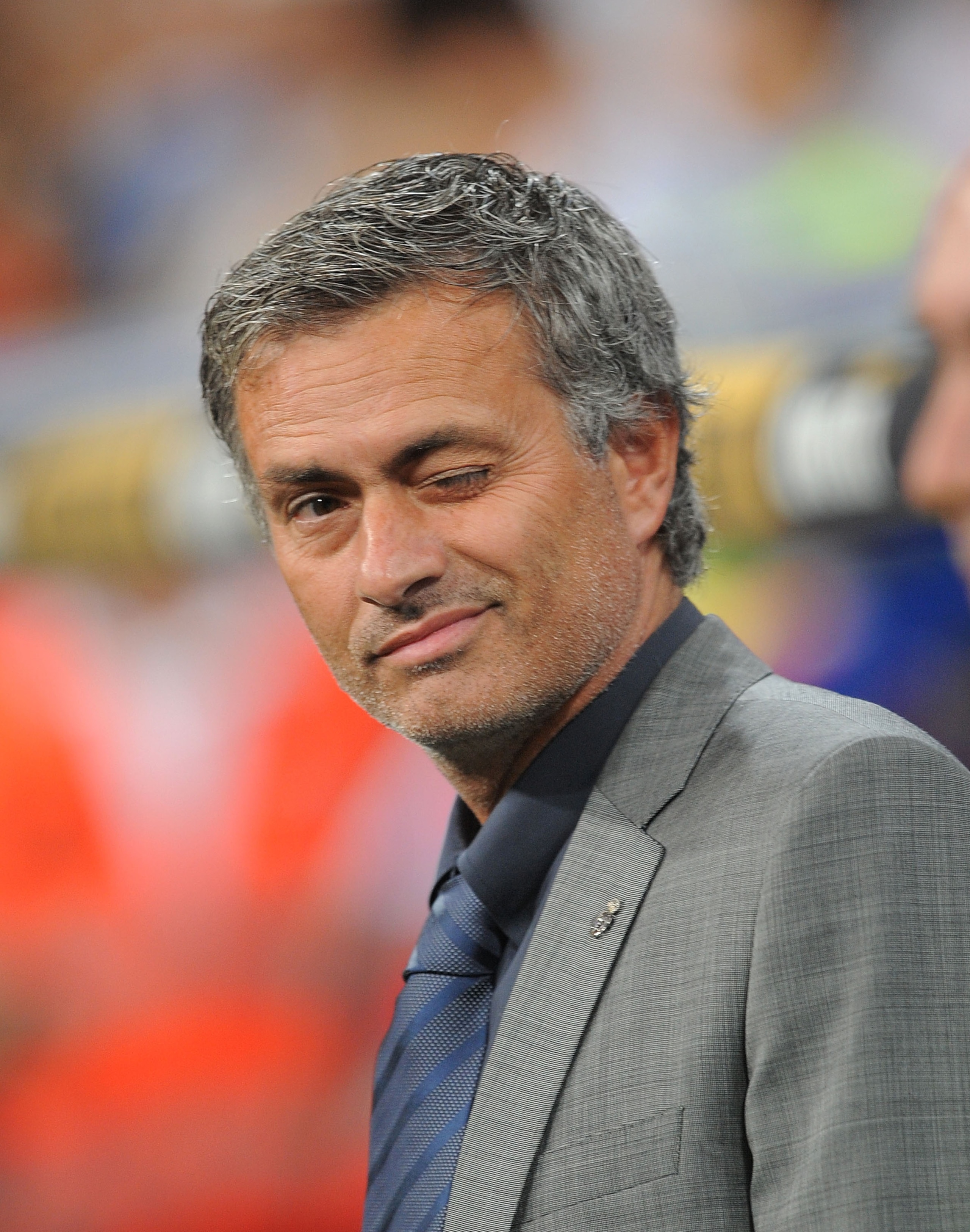 MADRID, SPAIN - SEPTEMBER 21:  Real Madrid manager Jose Mourinho winks after taking to the field before the La Liga match between Real Madrid and Espanyol at Estadio Santiago Bernabeu on September 21, 2010 in Madrid, Spain.  (Photo by Denis Doyle/Getty Im