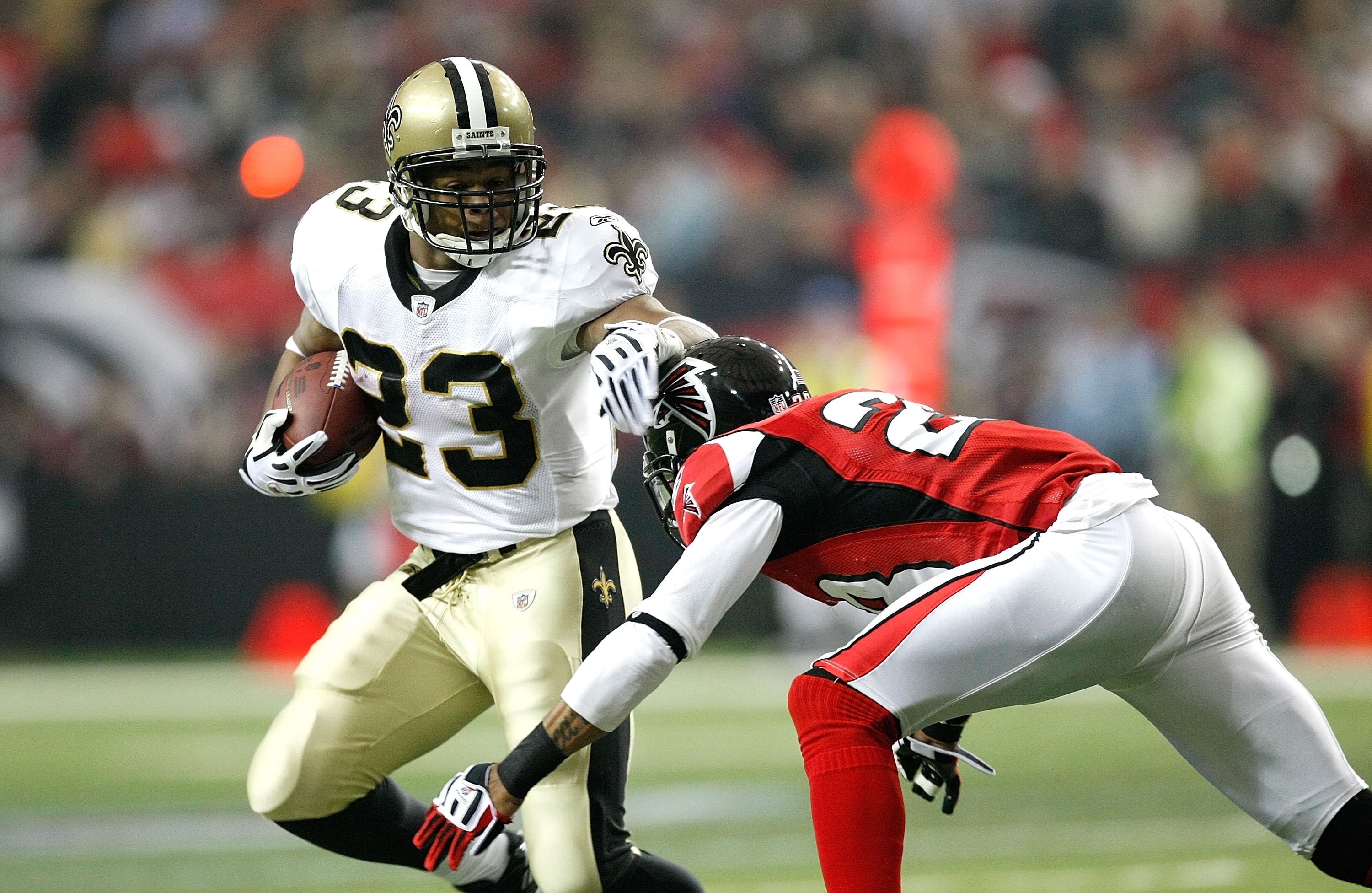 ATLANTA - DECEMBER 13:  Pierre Thomas #23 of the New Orleans Saints against the Atlanta Falcons at Georgia Dome on December 13, 2009 in Atlanta, Georgia.  (Photo by Kevin C. Cox/Getty Images)